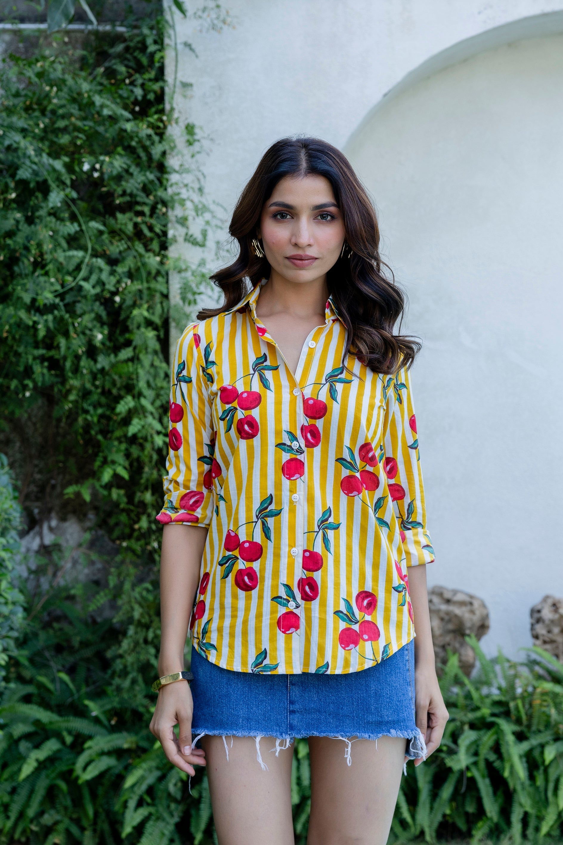Cherry Sunshine Striped Cotton Shirt - Hukum Jaipur
