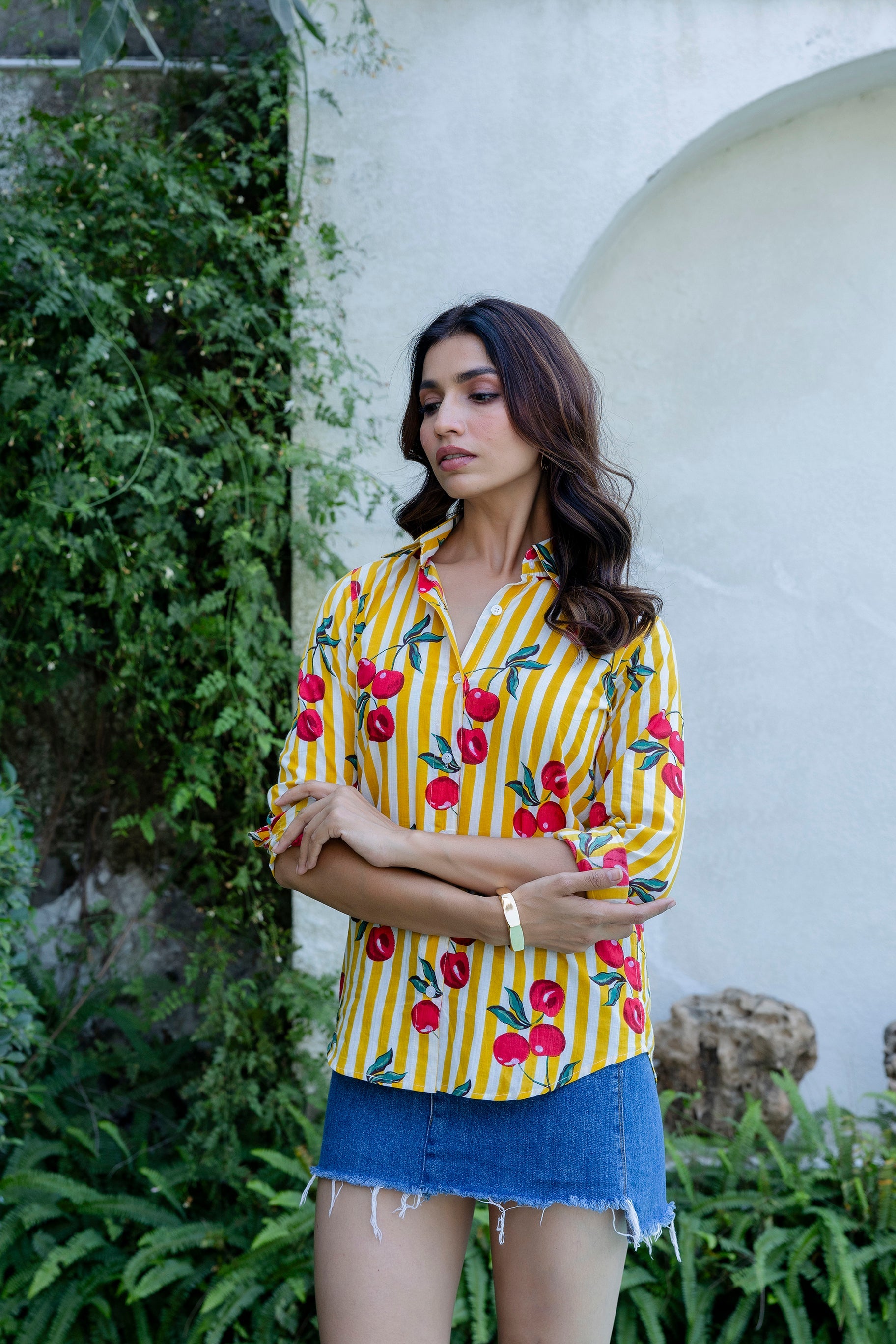 Cherry Sunshine Striped Cotton Shirt - Hukum Jaipur