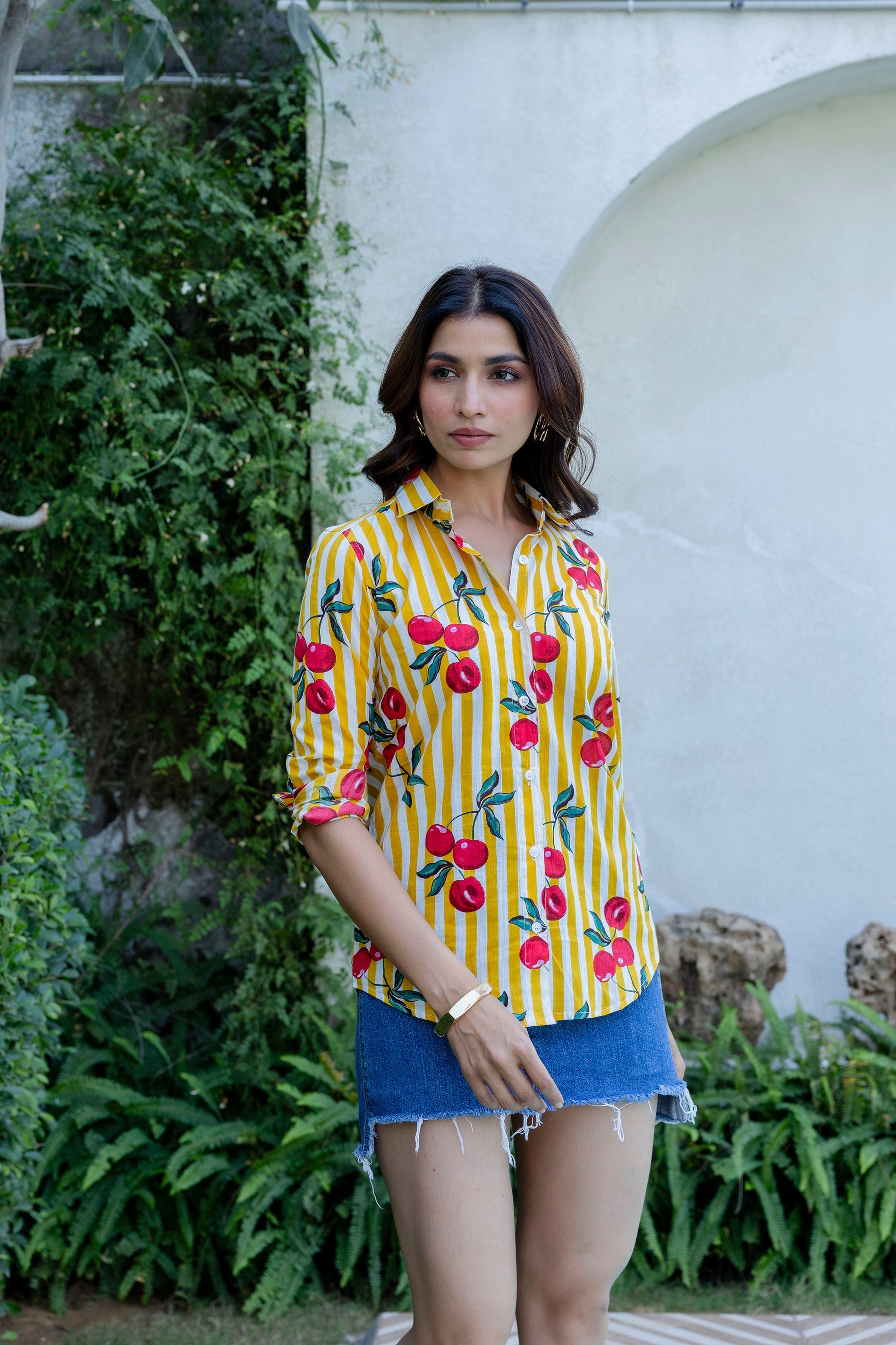 Cherry Sunshine Striped Cotton Shirt - Hukum Jaipur