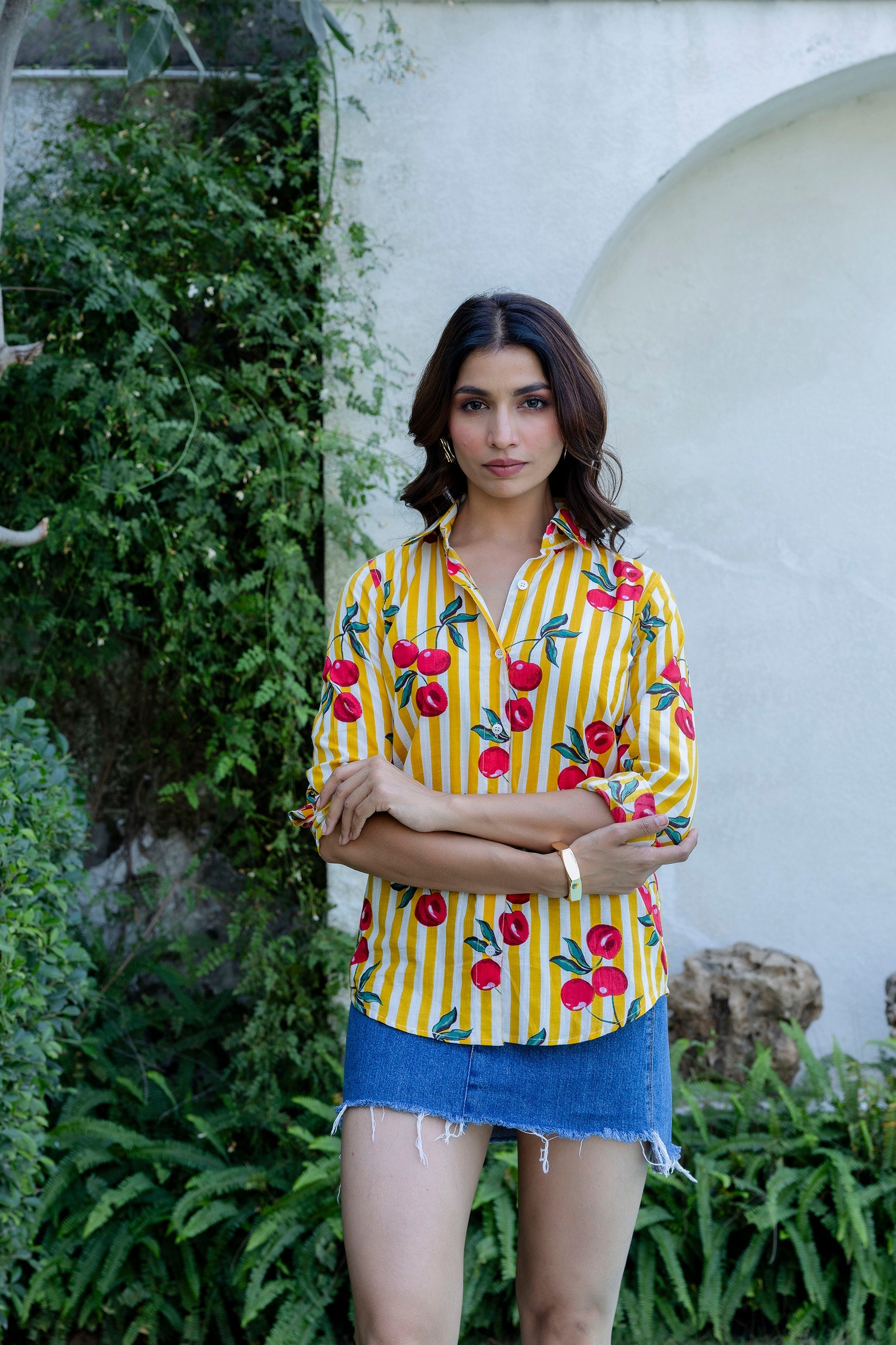 Cherry Sunshine Striped Cotton Shirt - Hukum Jaipur