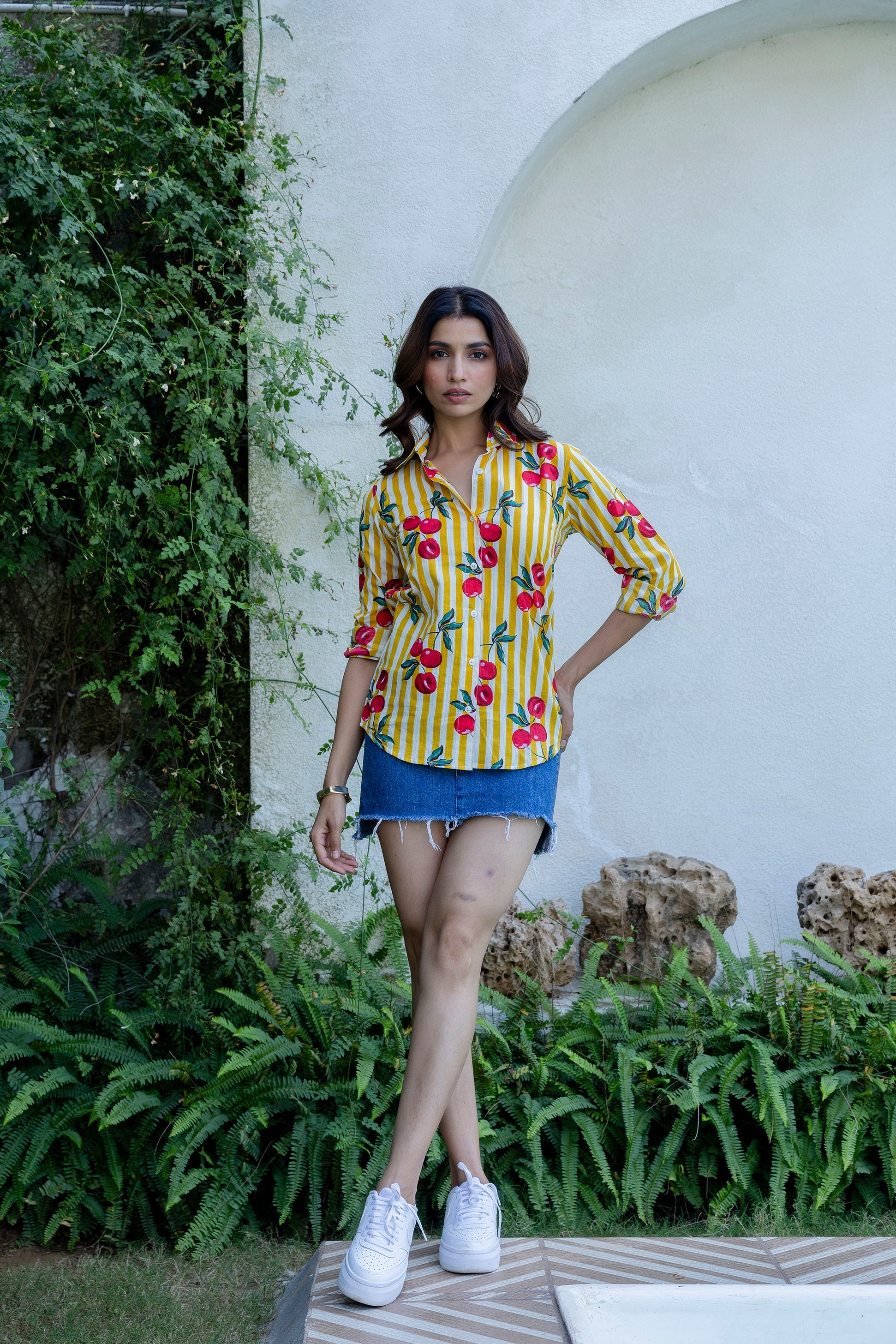 Cherry Sunshine Striped Cotton Shirt - Hukum Jaipur