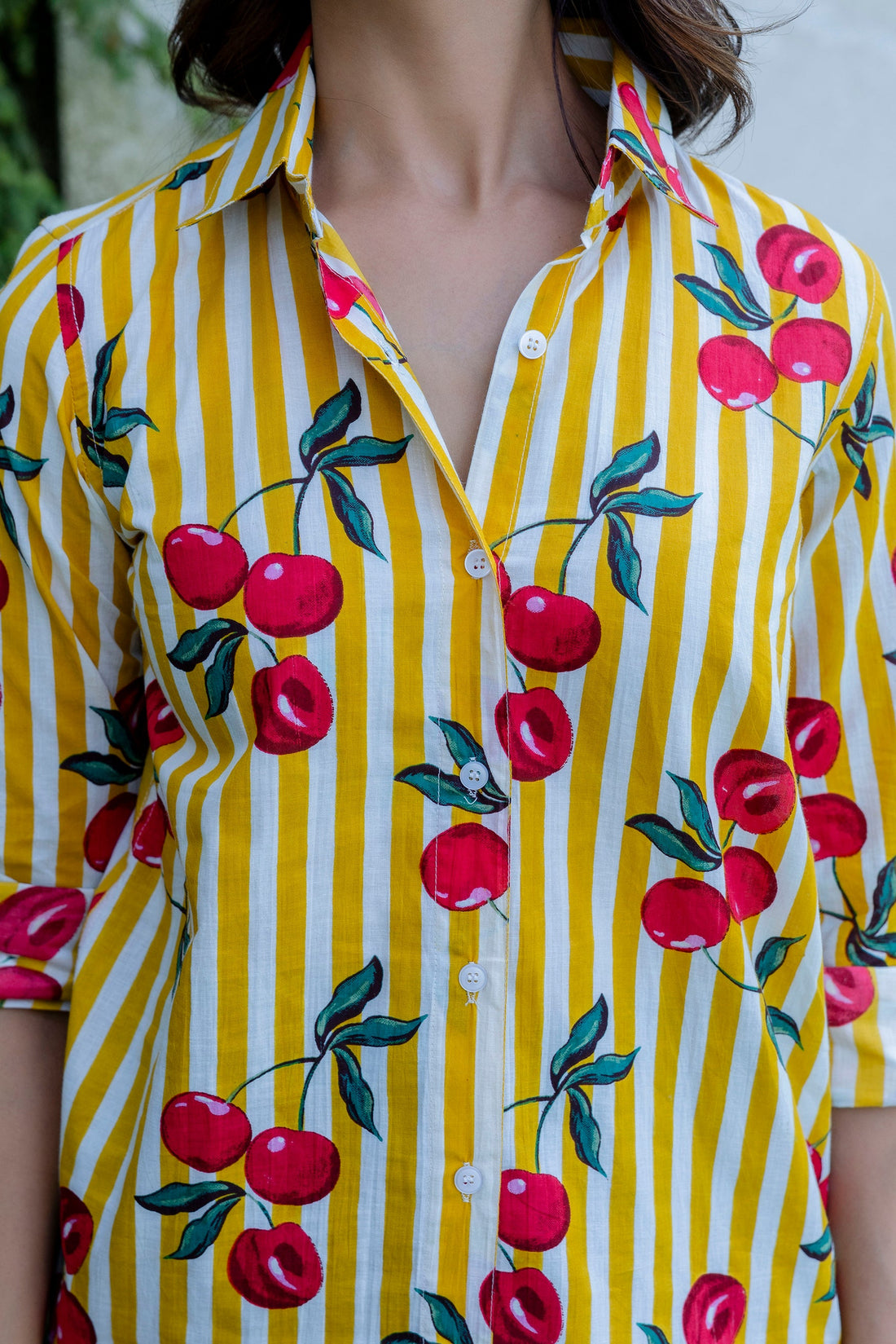 Cherry Sunshine Striped Cotton Shirt - Hukum Jaipur