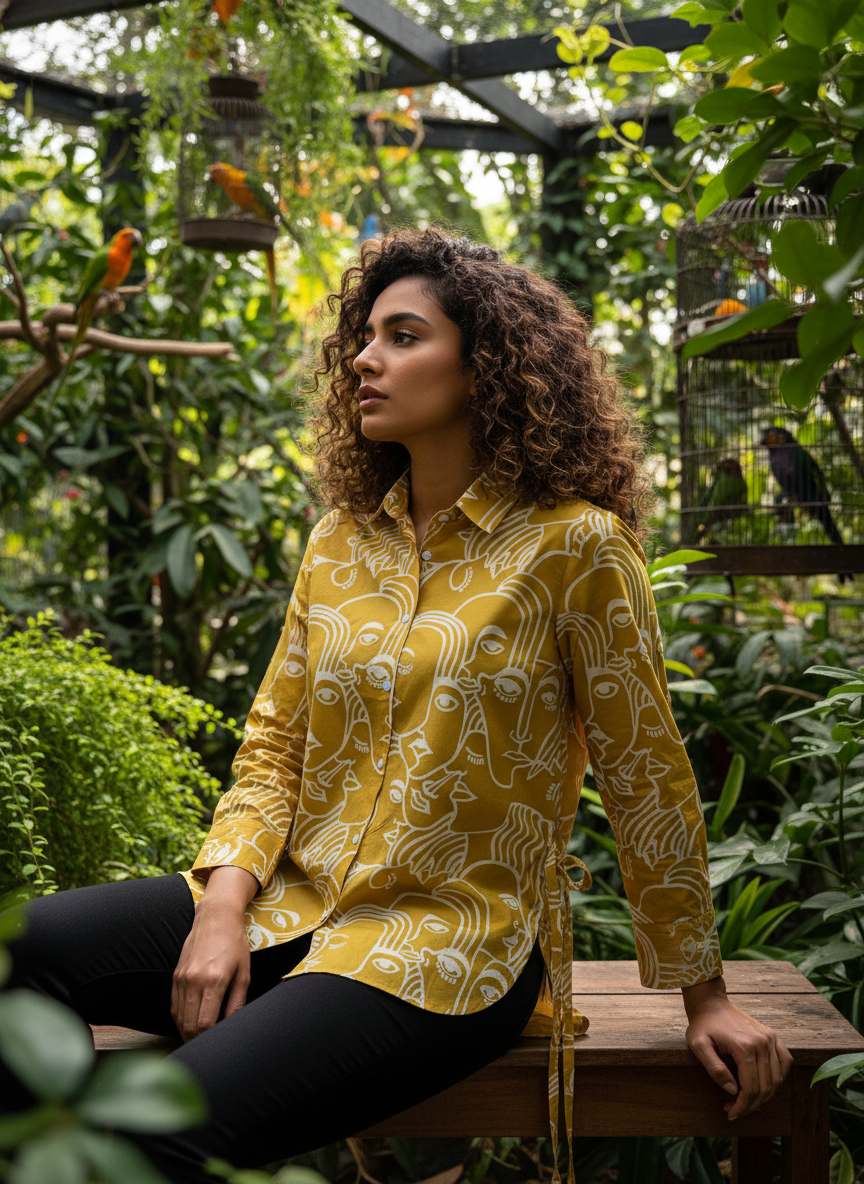 Sunshine Spirit Mustard Abstract Print Cotton Shirt | Hukum Jaipur