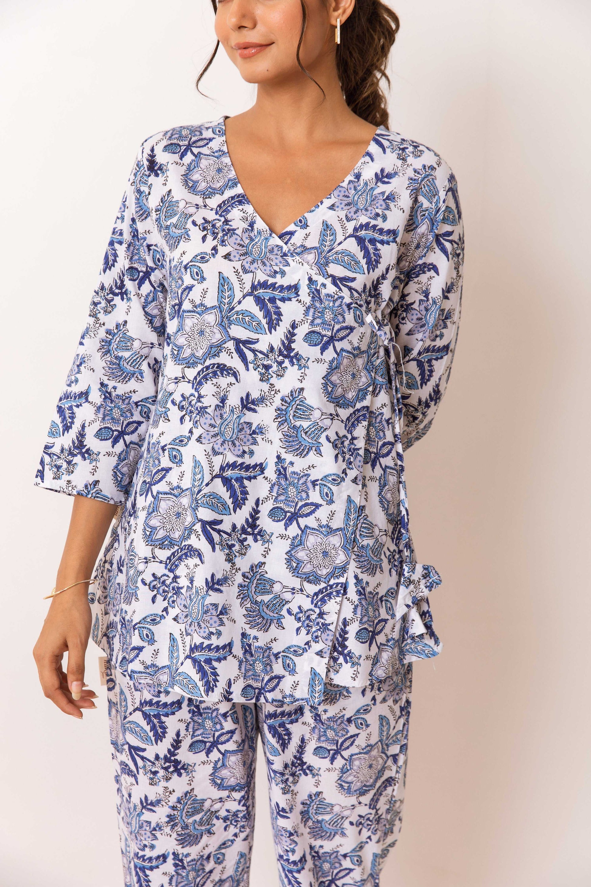 Azure Jaal Whispers: Blue Cotton Jaal & Floral Anghrakha Co-ord Set - Hukum Jaipur