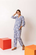 Azure Jaal Whispers: Blue Cotton Jaal & Floral Anghrakha Co-ord Set - Hukum Jaipur