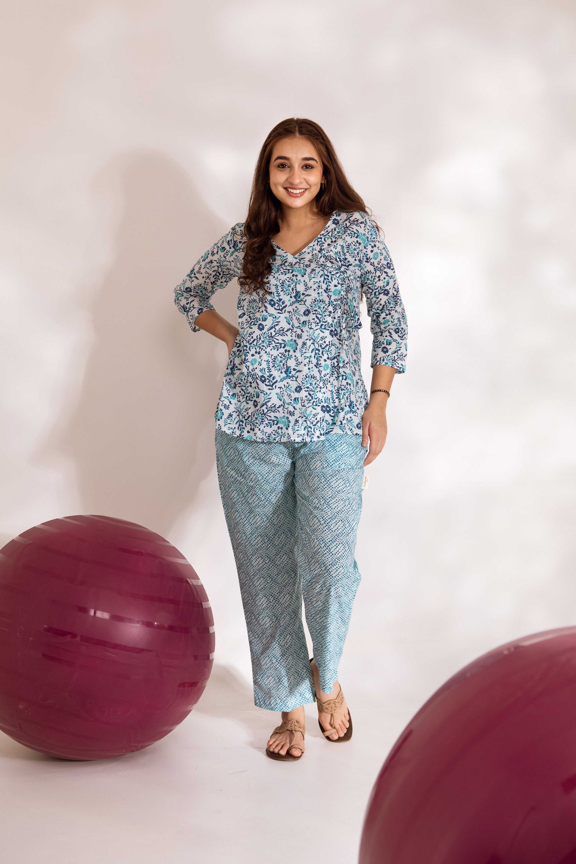 Azure Petal Reverie: Blue Cotton Floral Anghrakha Co-ord Set - Hukum Jaipur