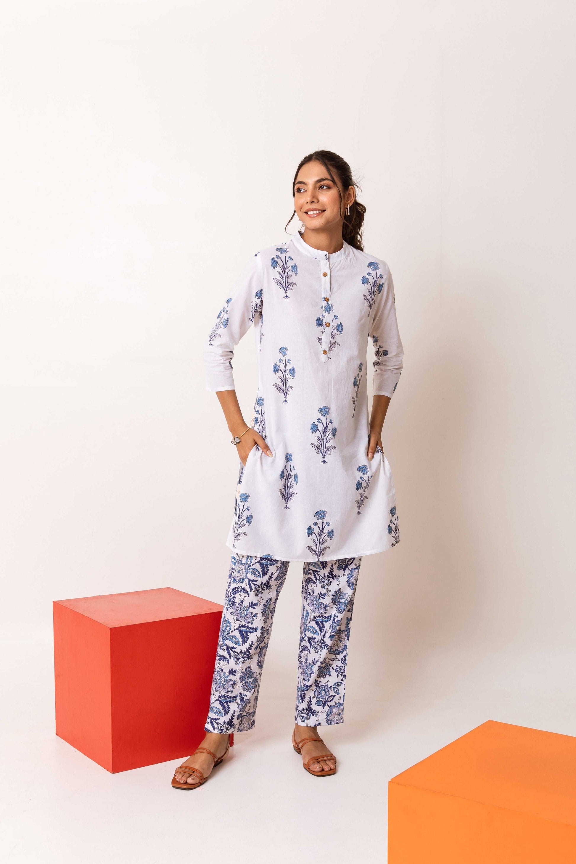 Blossom Bliss: White Cotton Floral Co-ord Set - Hukum Jaipur