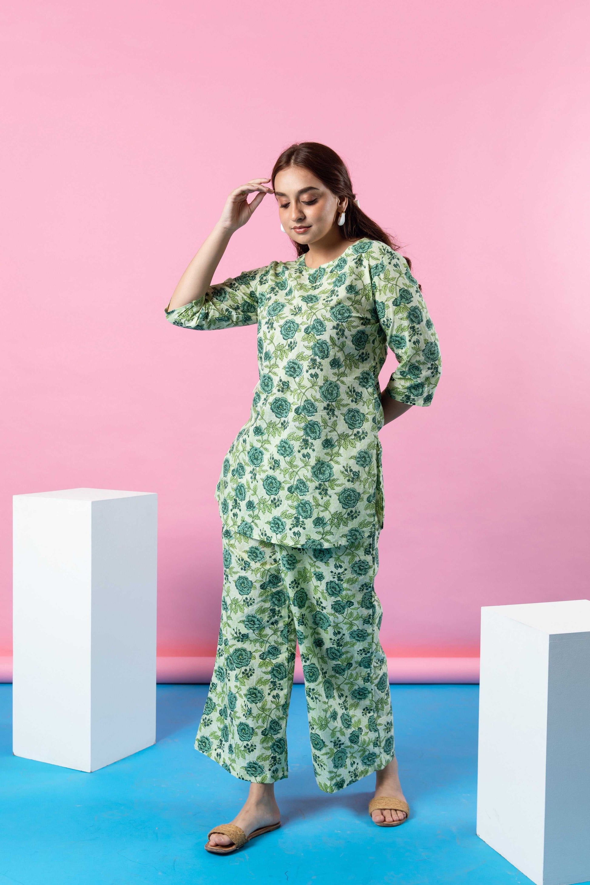 Botanical Green Cotton Co-ord Set: Embrace Nature's Beauty - Hukum Jaipur