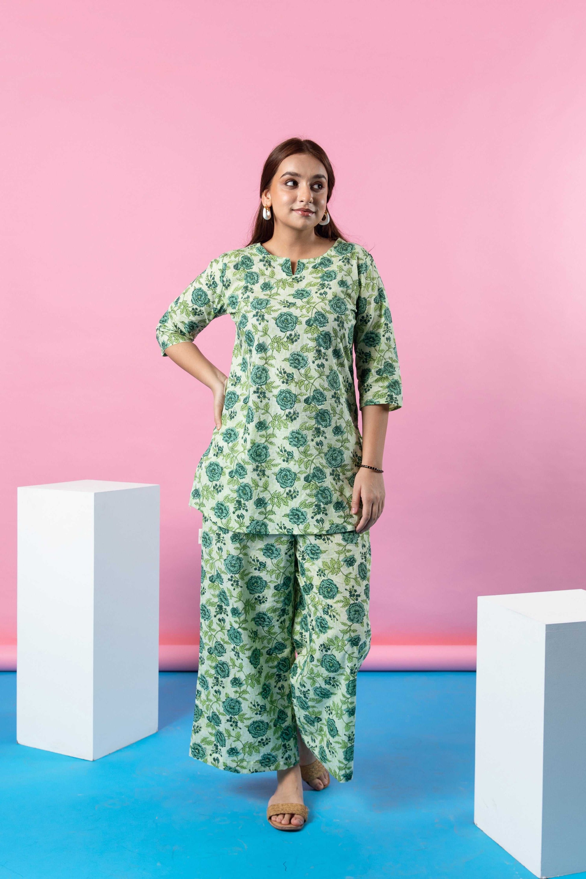 Botanical Green Cotton Co-ord Set: Embrace Nature's Beauty - Hukum Jaipur