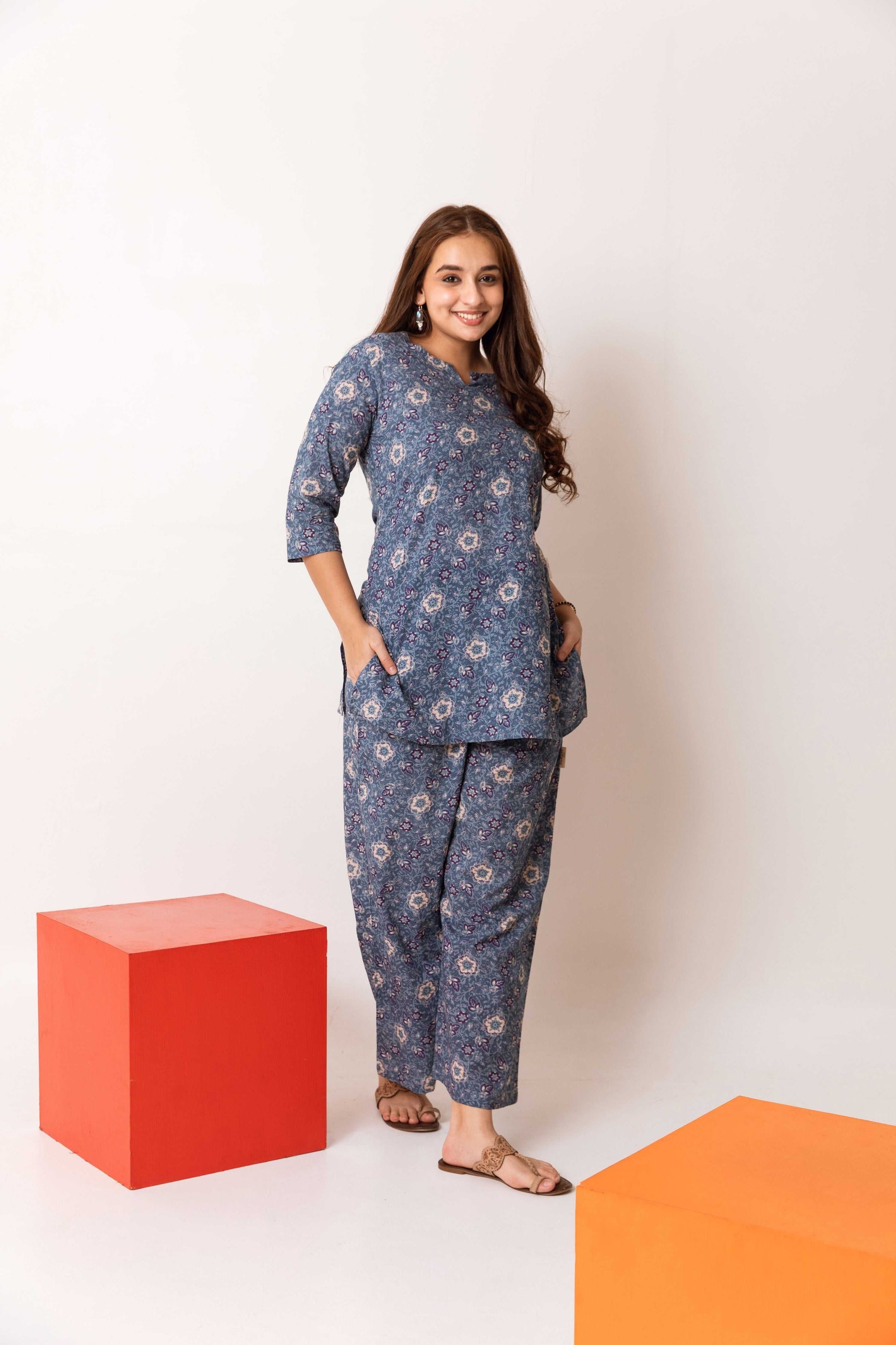 Classic Blue Floral Cotton Co-ord Set - Hukum Jaipur