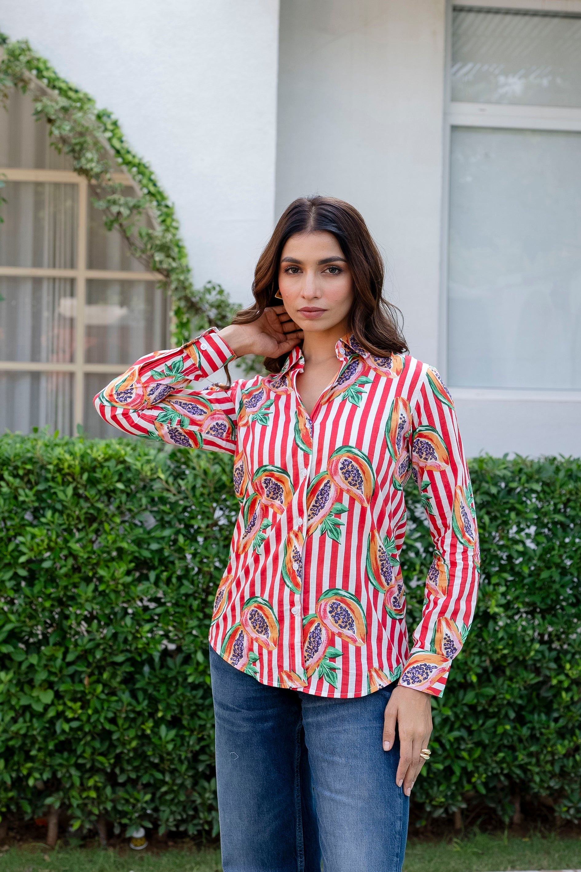 Papaya Stripe Cotton Shirt - Hukum Jaipur