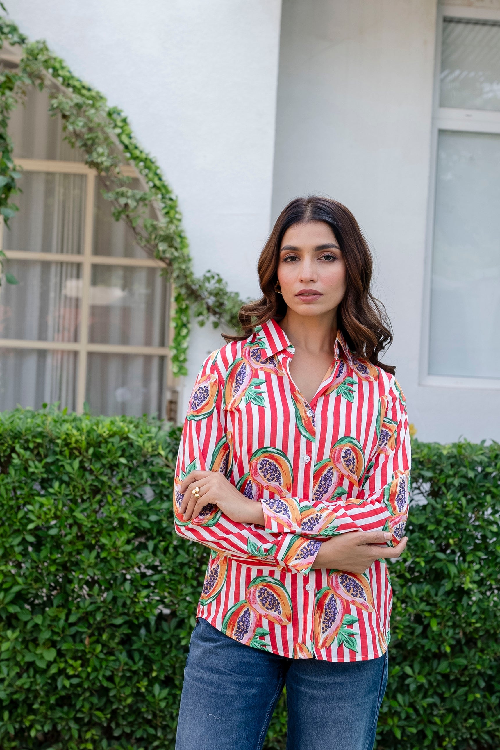 Papaya Stripe Cotton Shirt - Hukum Jaipur