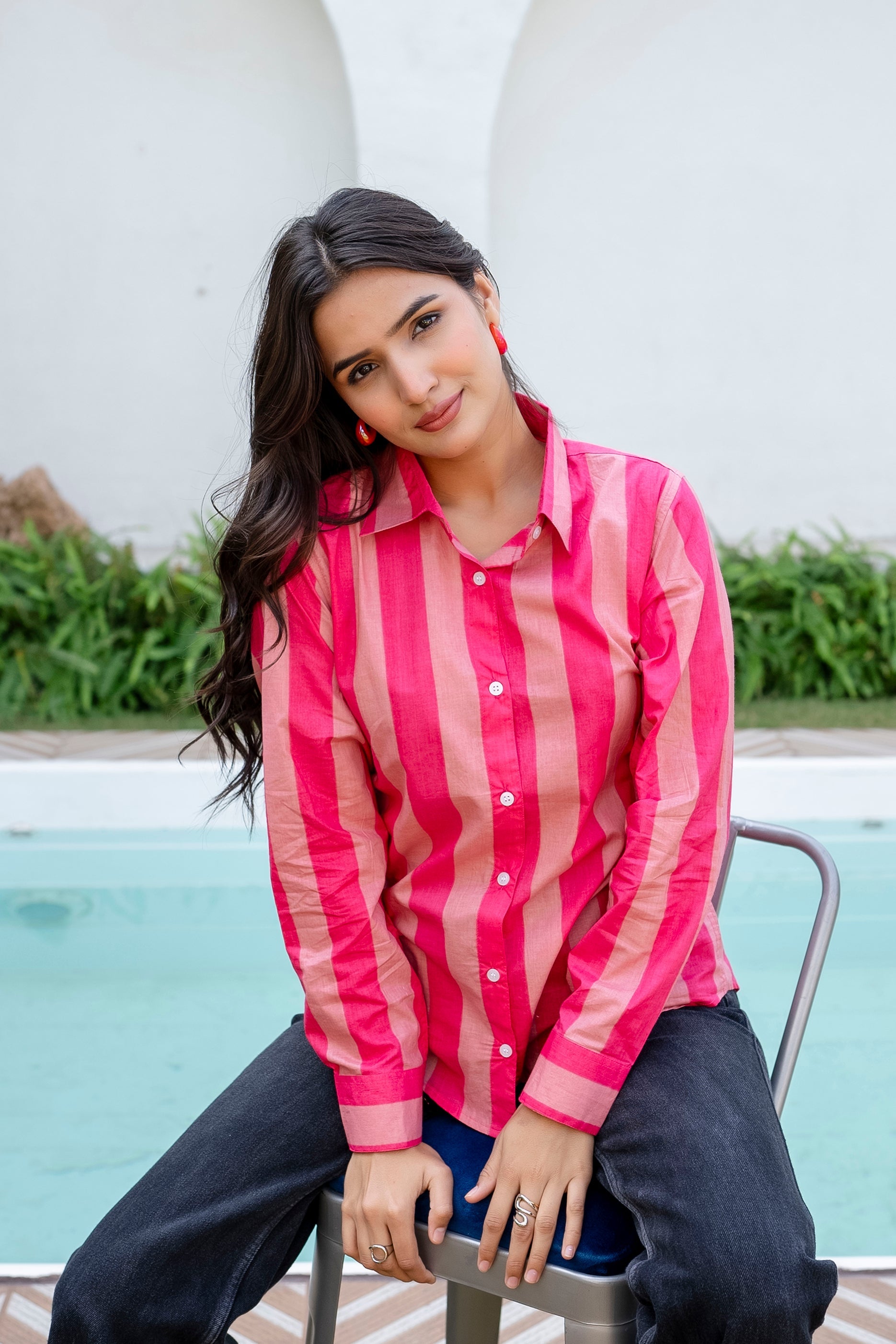 Rose Sorbet Striped Cotton Shirt - Hukum Jaipur