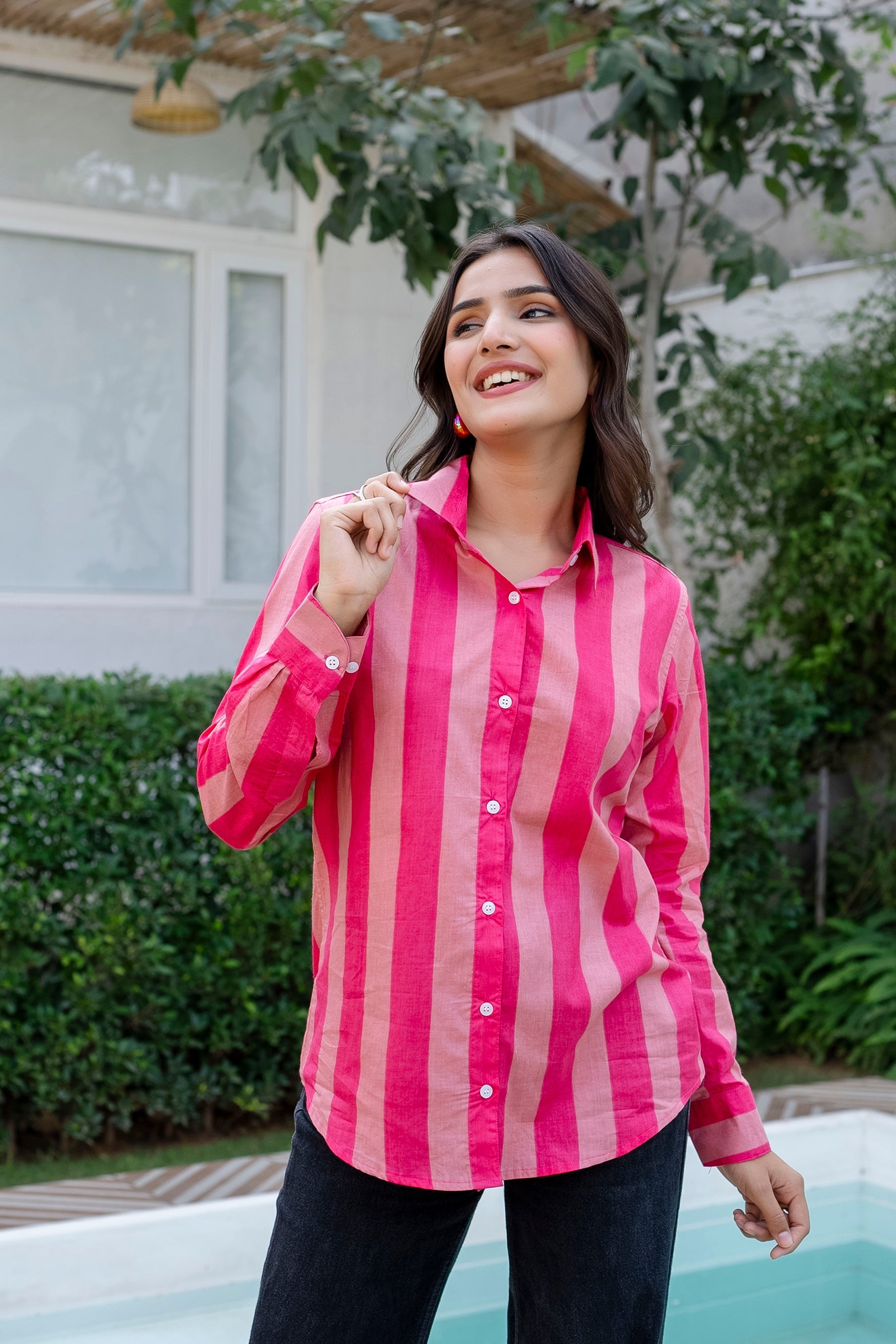 Rose Sorbet Striped Cotton Shirt - Hukum Jaipur