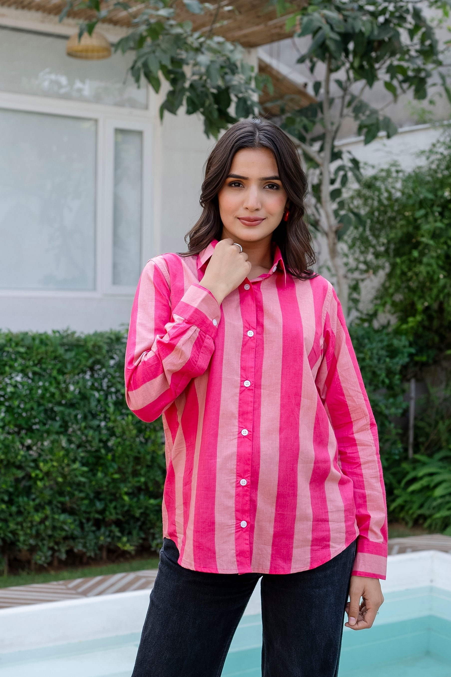 Rose Sorbet Striped Cotton Shirt - Hukum Jaipur