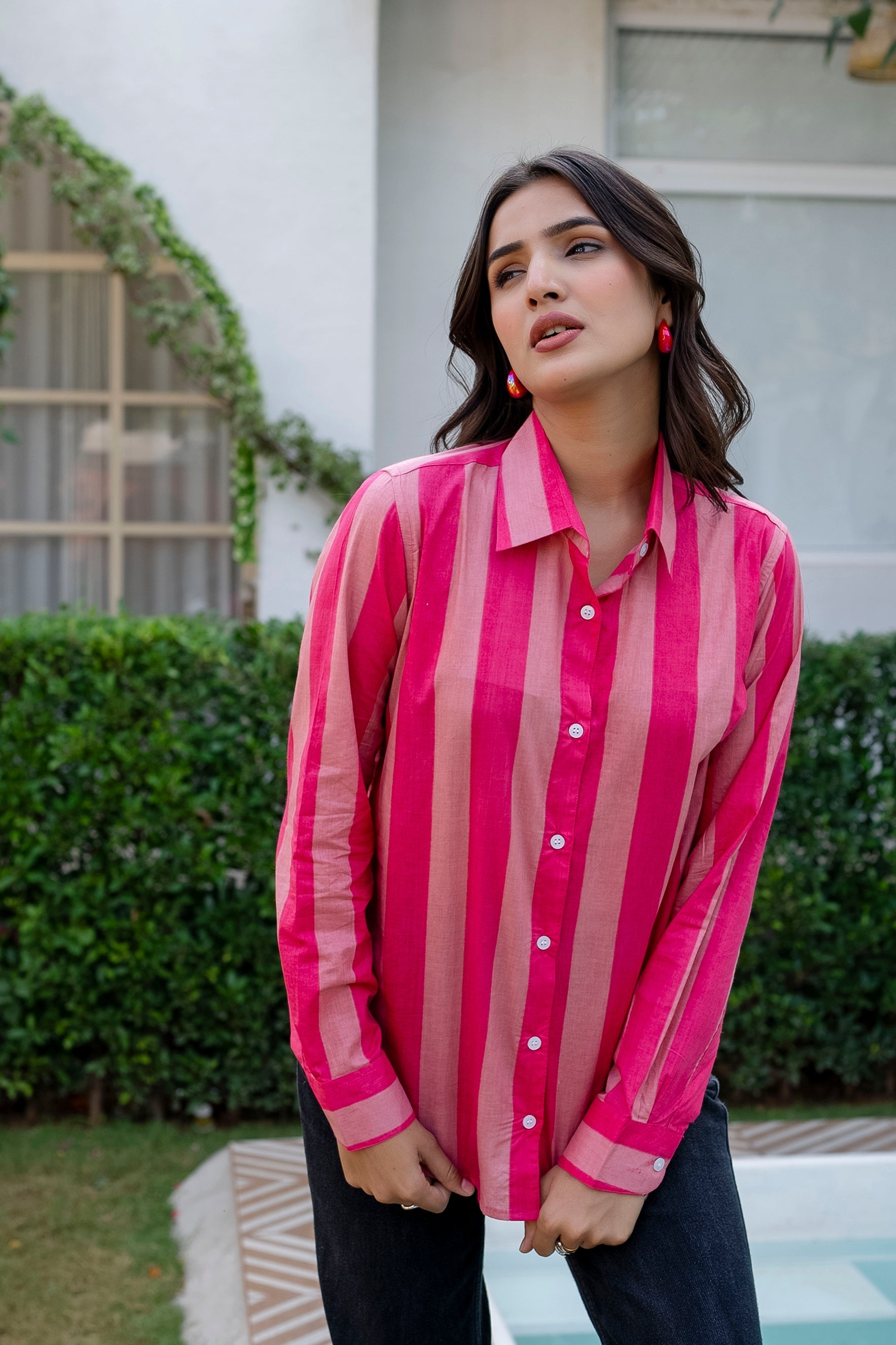 Rose Sorbet Striped Cotton Shirt - Hukum Jaipur