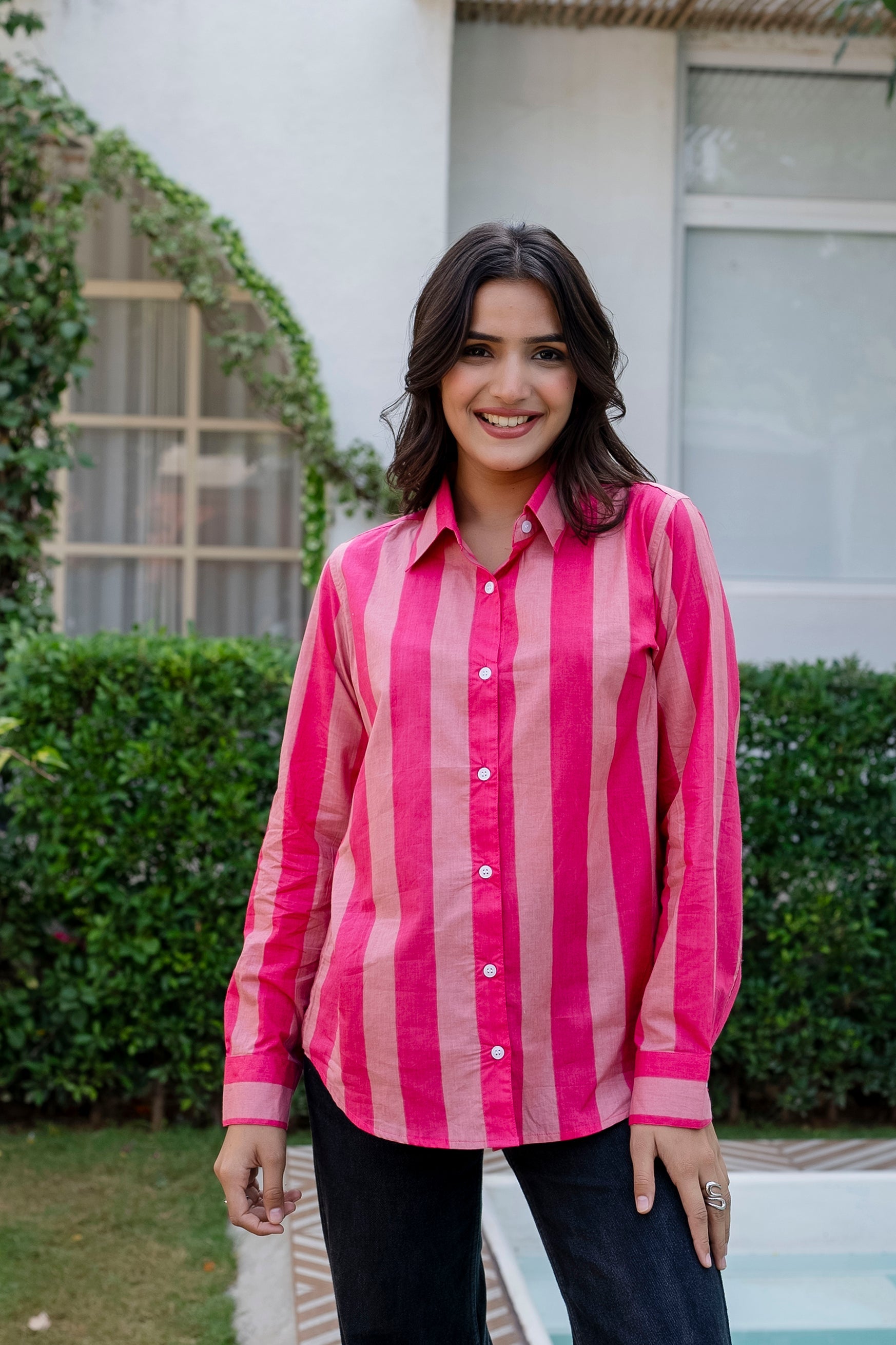 Rose Sorbet Striped Cotton Shirt - Hukum Jaipur