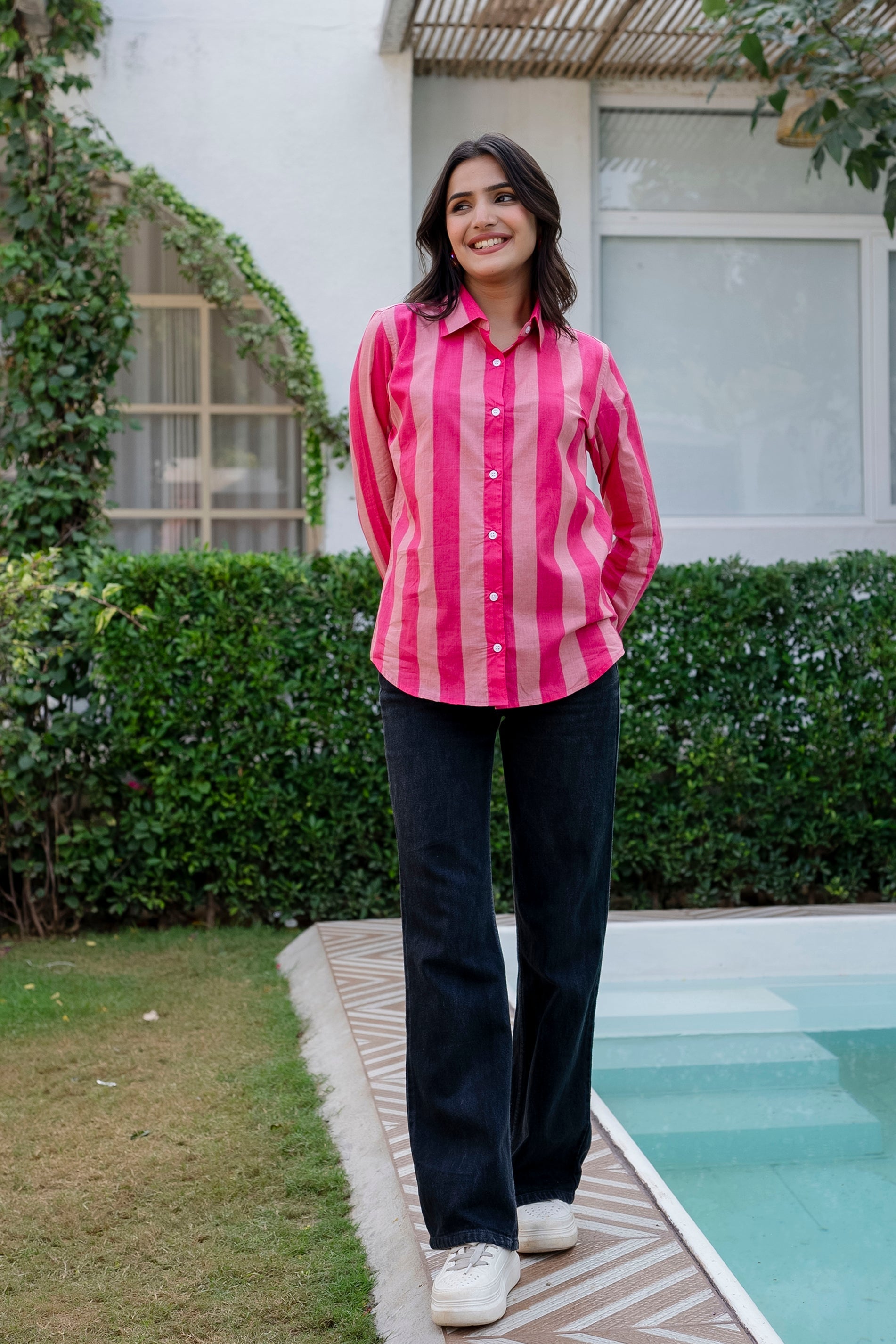 Rose Sorbet Striped Cotton Shirt - Hukum Jaipur