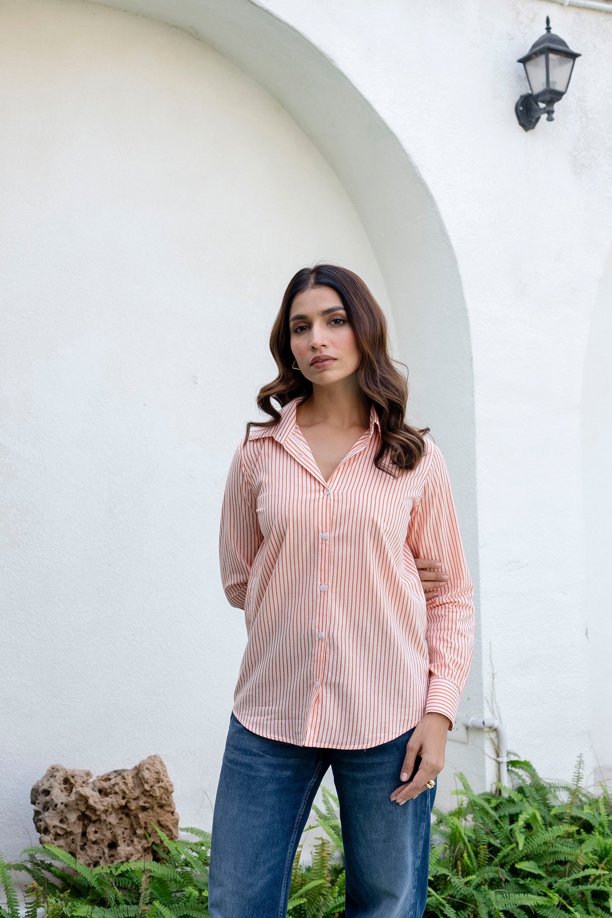 Coral Pinstripe Cotton Shirt - Hukum Jaipur
