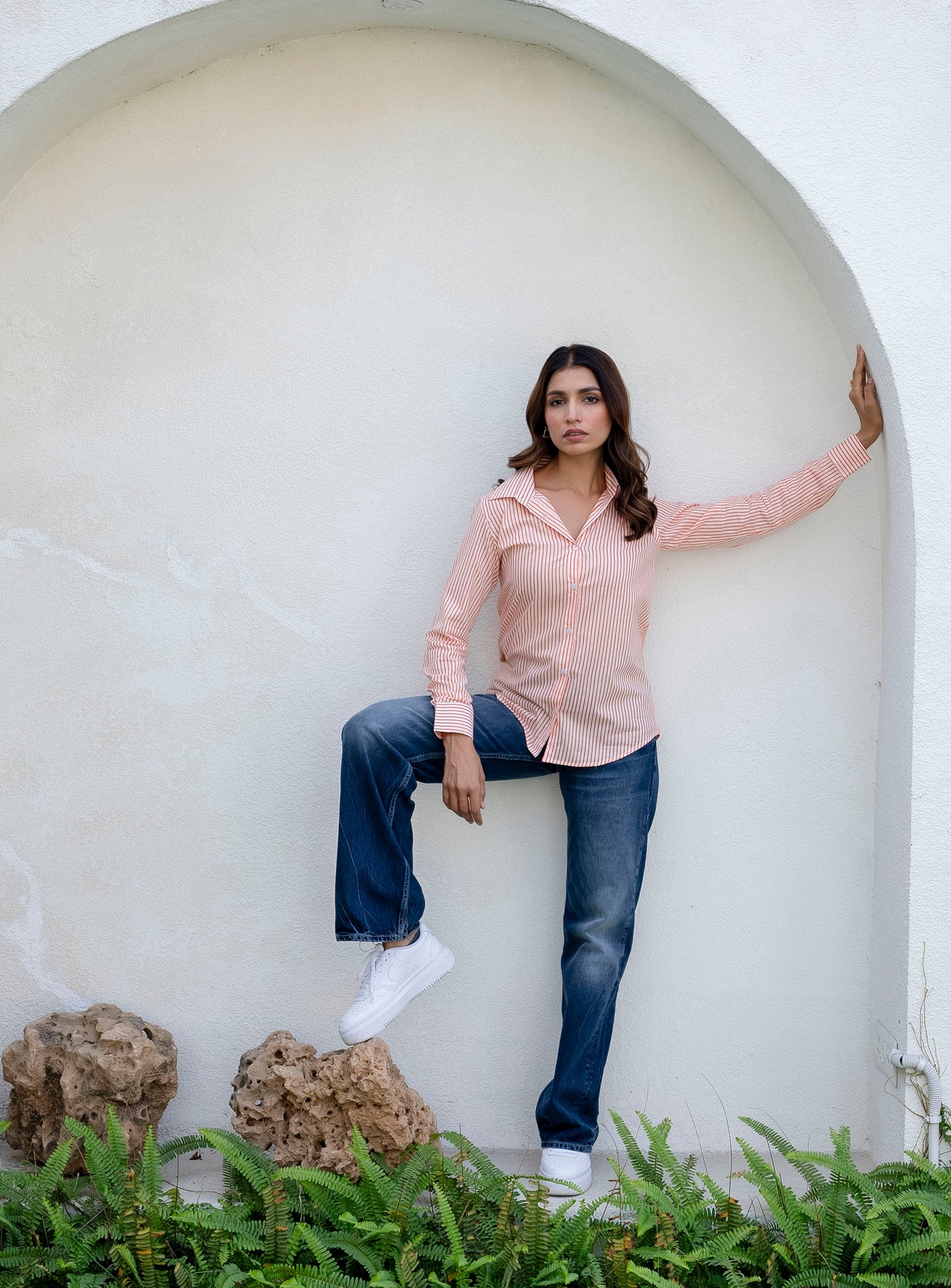 Coral Pinstripe Cotton Shirt - Hukum Jaipur