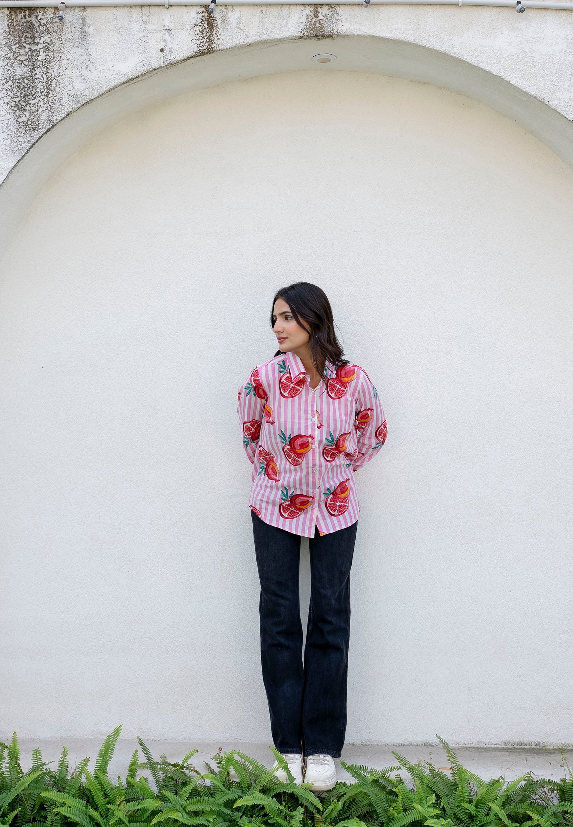 Pomegranate Paradise Striped Cotton Shirt - Hukum Jaipur