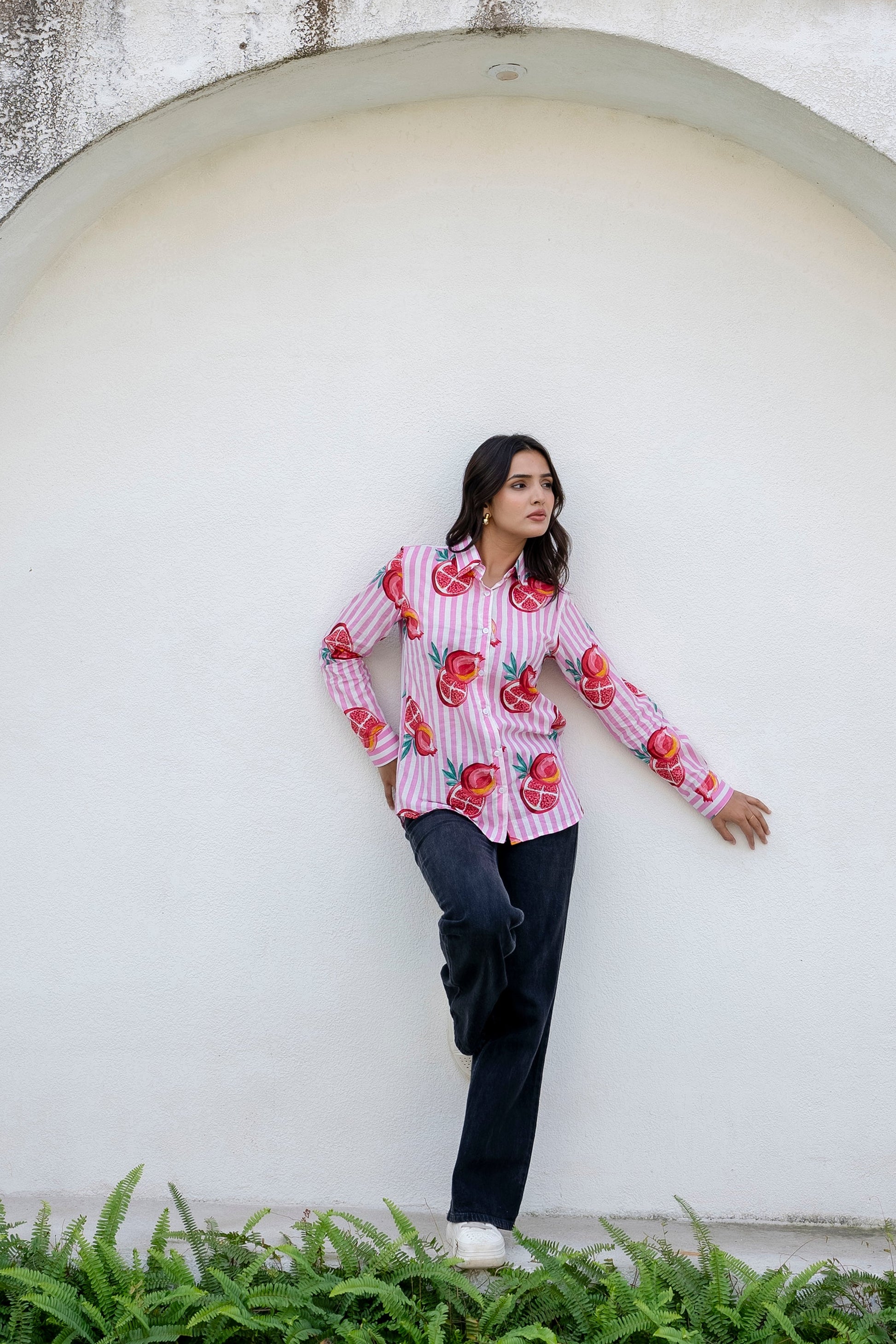 Pomegranate Paradise Striped Cotton Shirt - Hukum Jaipur