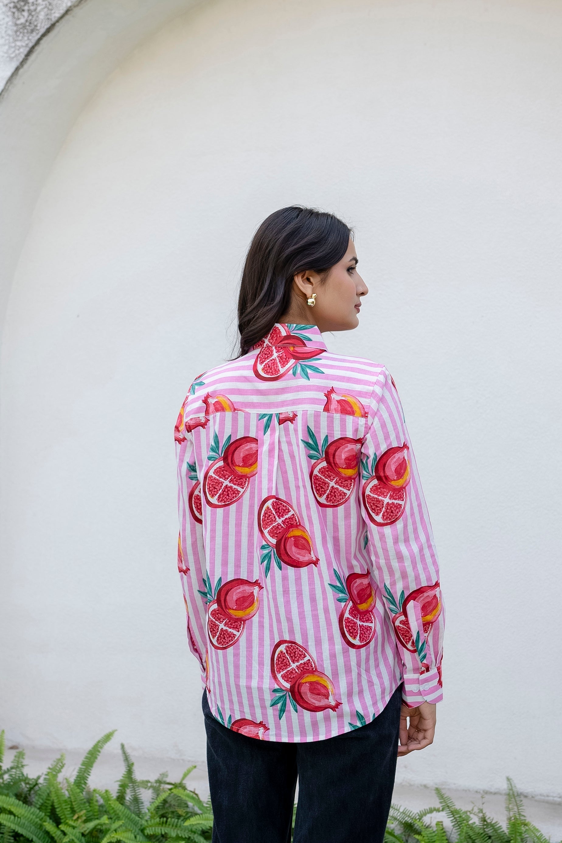 Pomegranate Paradise Striped Cotton Shirt - Hukum Jaipur