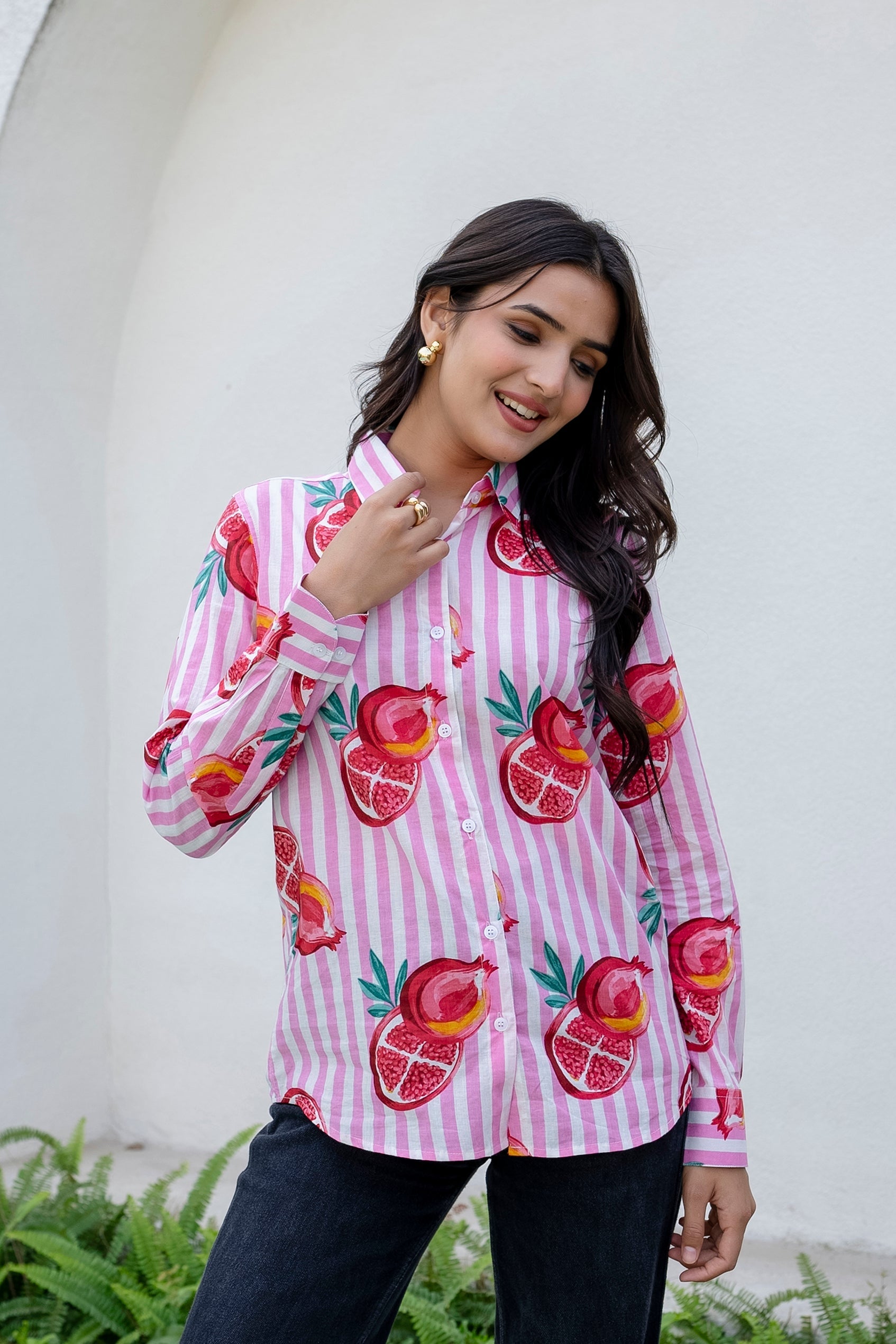 Pomegranate Paradise Striped Cotton Shirt - Hukum Jaipur