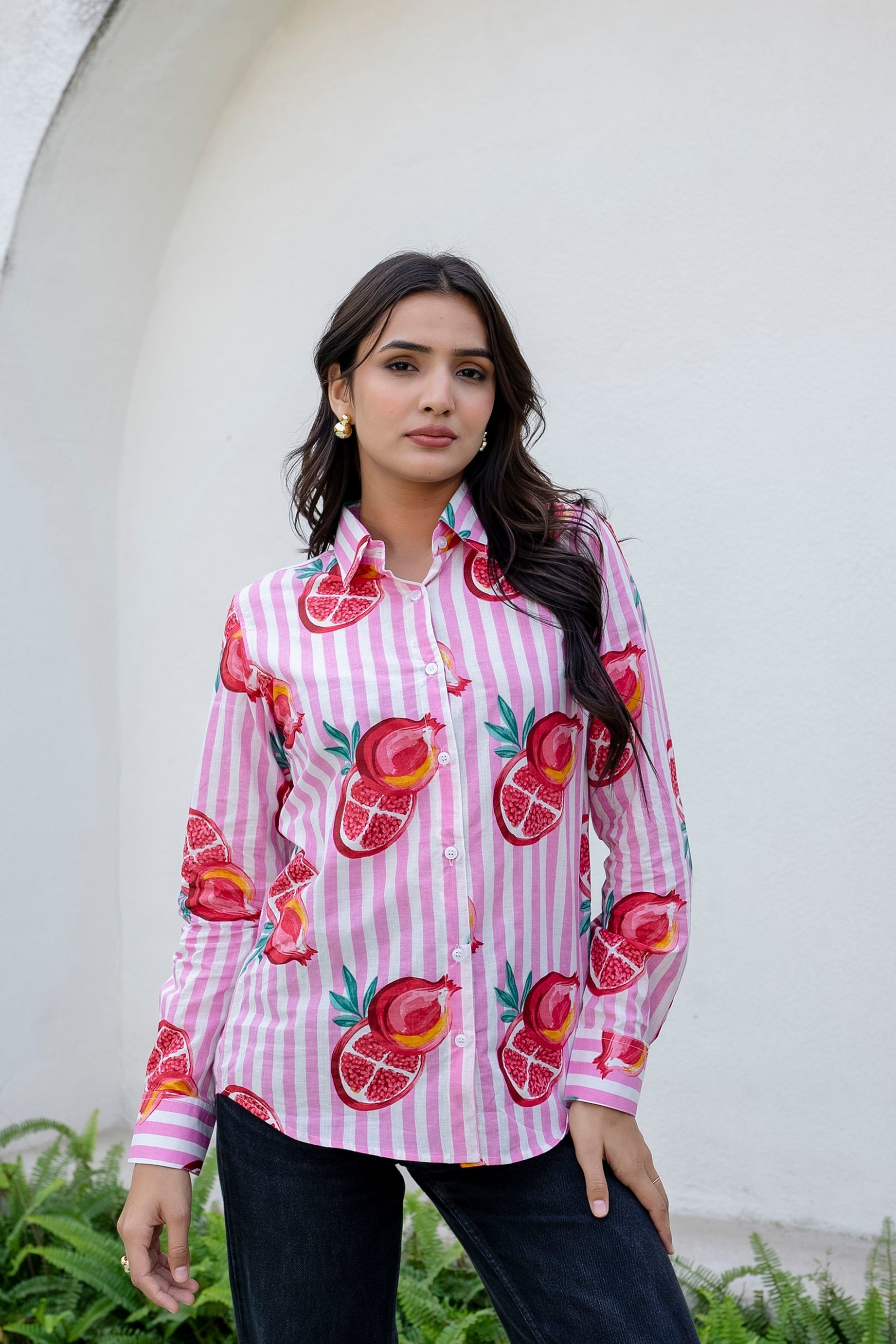 Pomegranate Paradise Striped Cotton Shirt - Hukum Jaipur