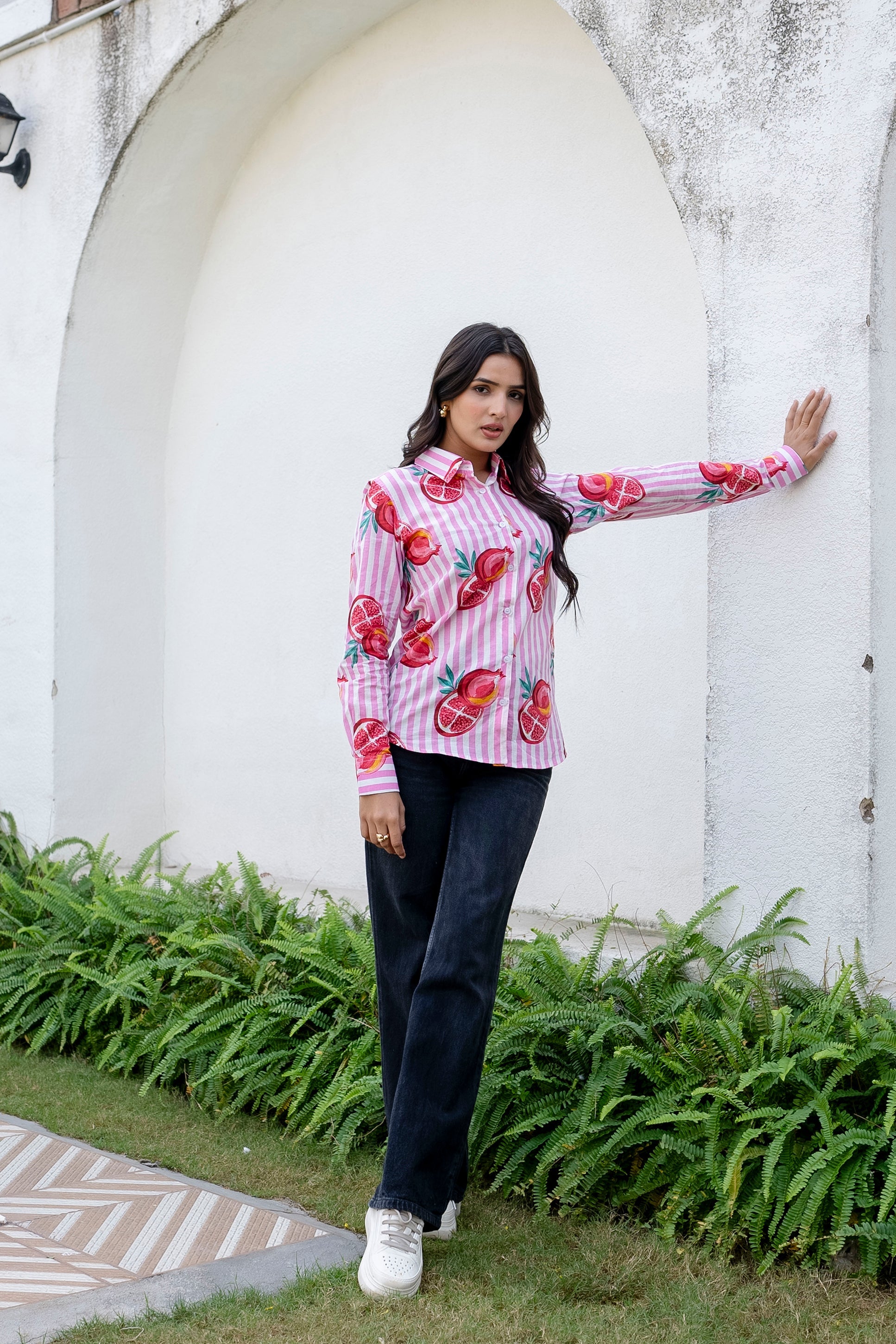 Pomegranate Paradise Striped Cotton Shirt - Hukum Jaipur