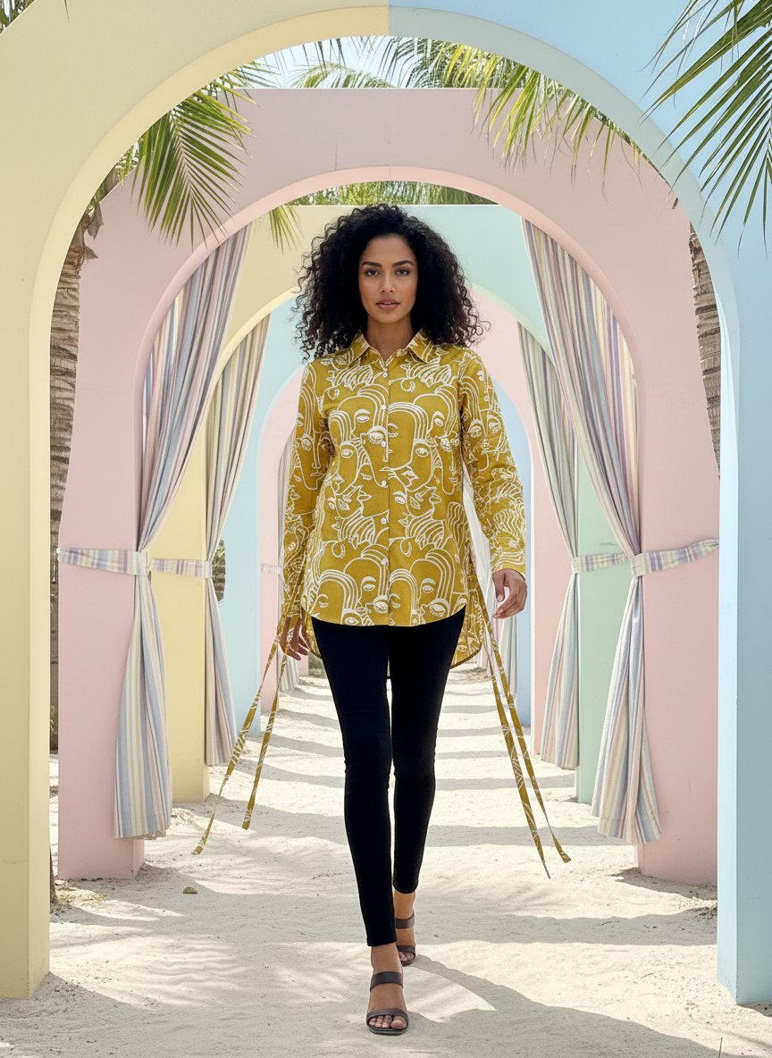 Sunshine Spirit Mustard Abstract Print Cotton Shirt | Hukum Jaipur