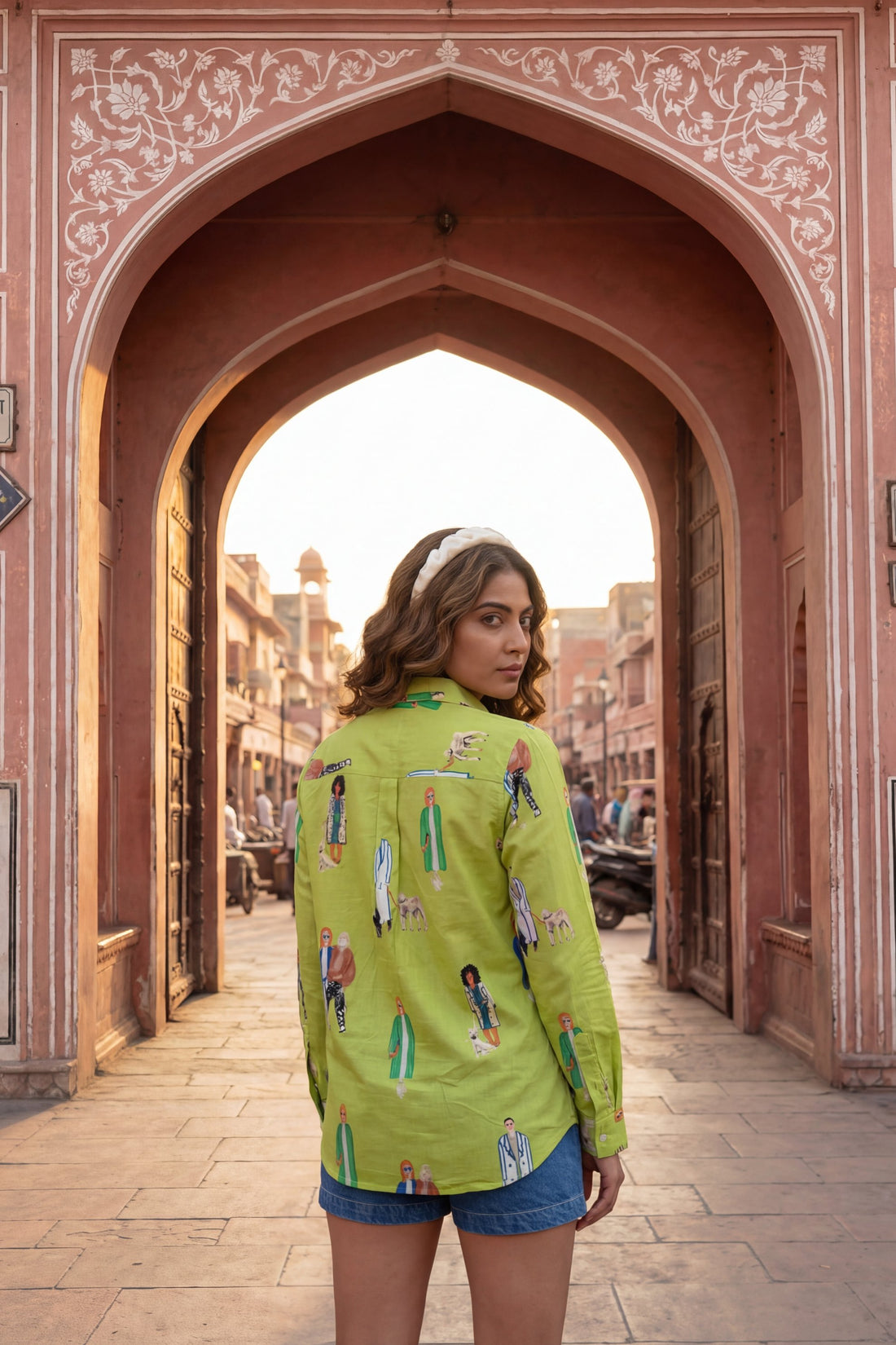 Lime Green Cotton Shirt with Folk Print