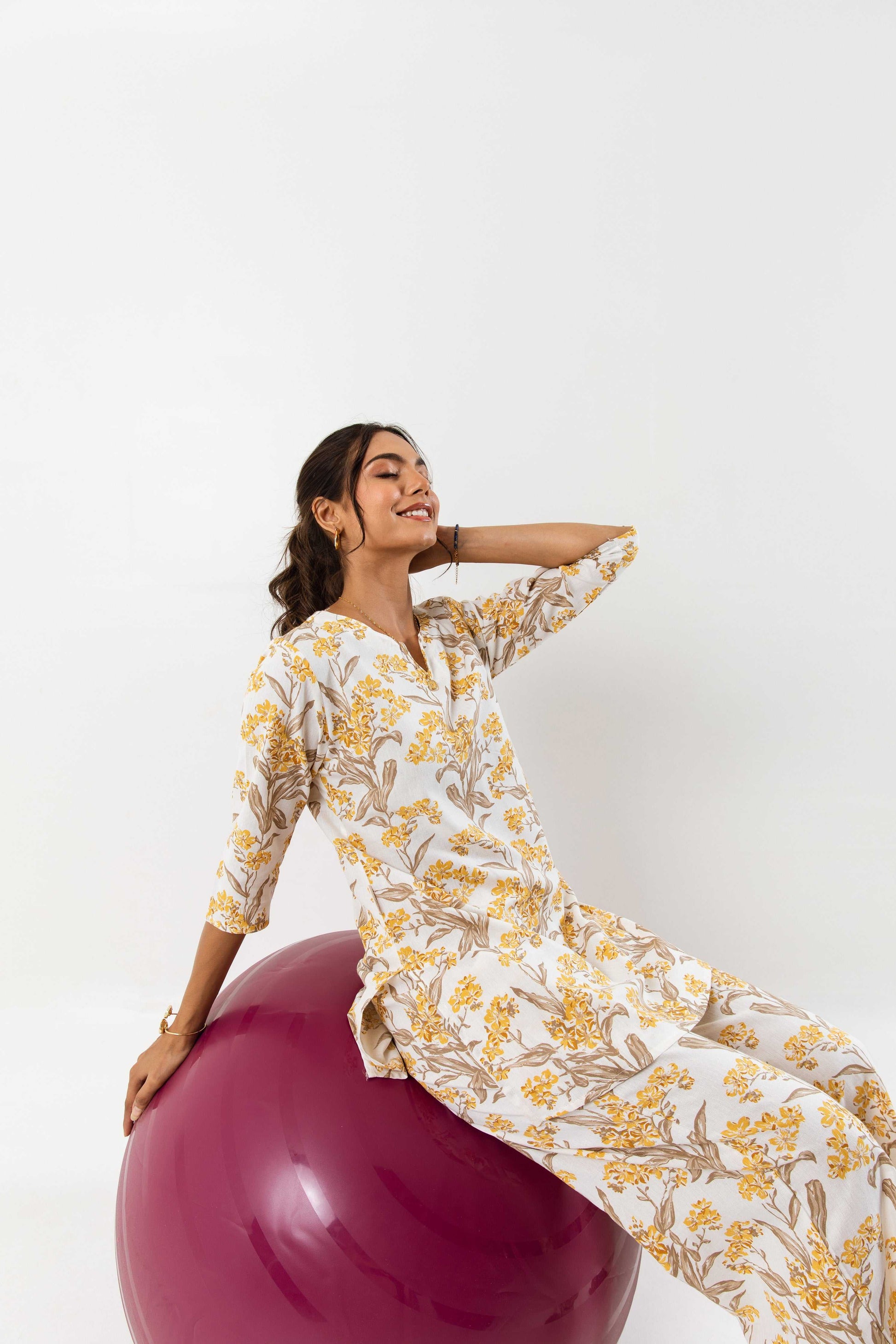 Enchanted Botanicals: Off-White Cotton Flex Co-ord Set - Hukum Jaipur