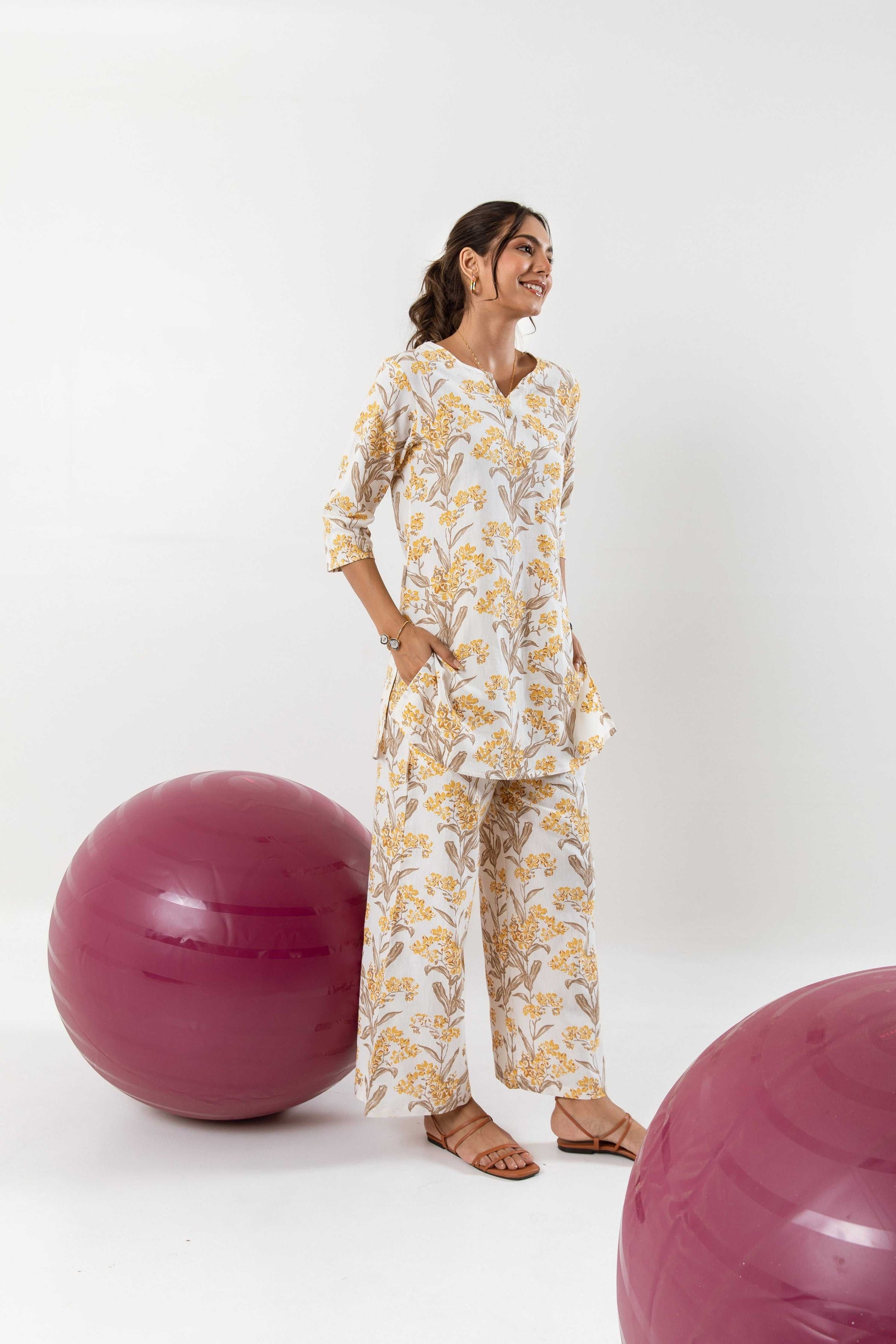 Enchanted Botanicals: Off-White Cotton Flex Co-ord Set - Hukum Jaipur