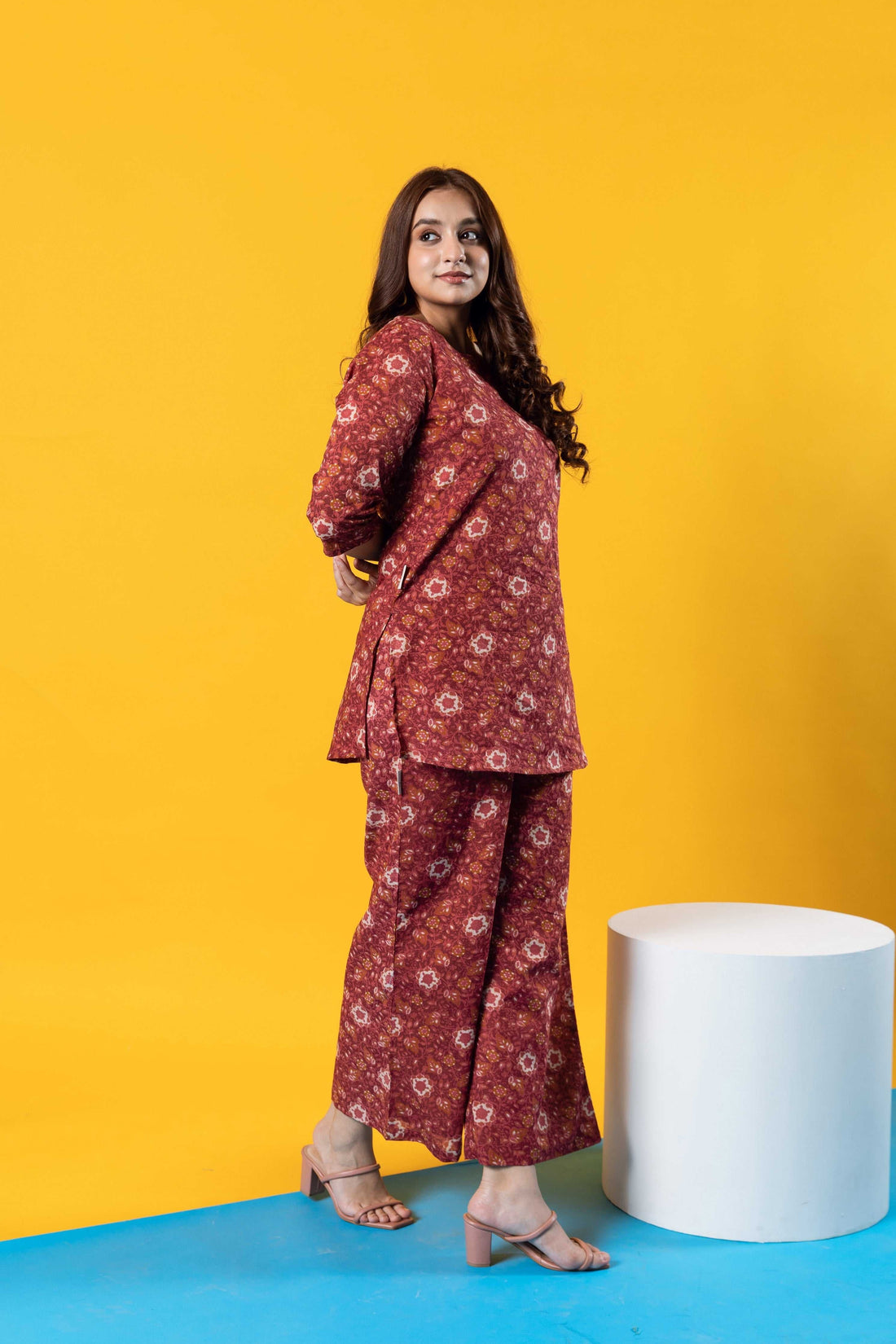 Floral Charisma in Maroon: Stylish Cotton Co-ord Set - Hukum Jaipur