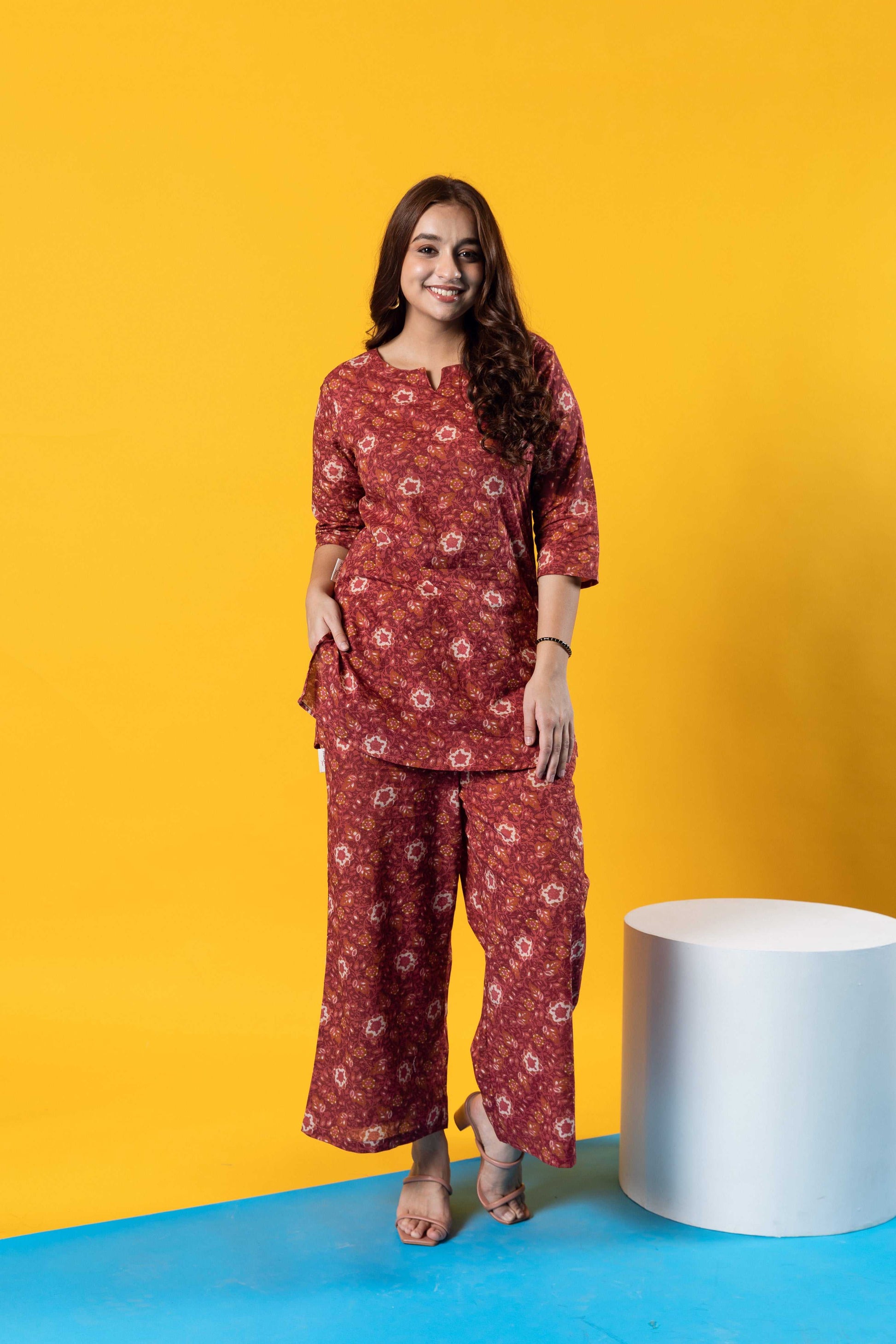 Floral Charisma in Maroon: Stylish Cotton Co-ord Set - Hukum Jaipur