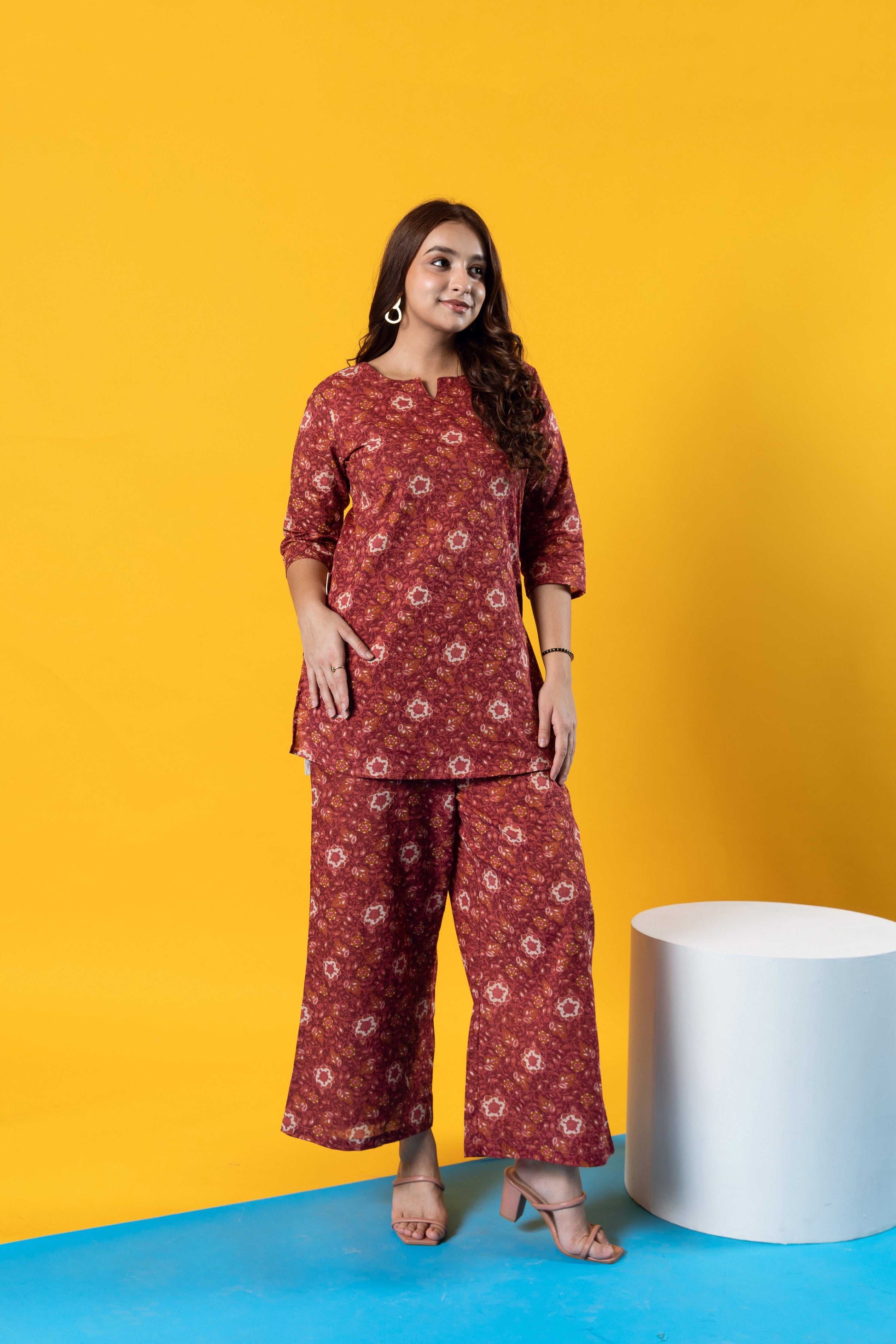 Floral Charisma in Maroon: Stylish Cotton Co-ord Set - Hukum Jaipur