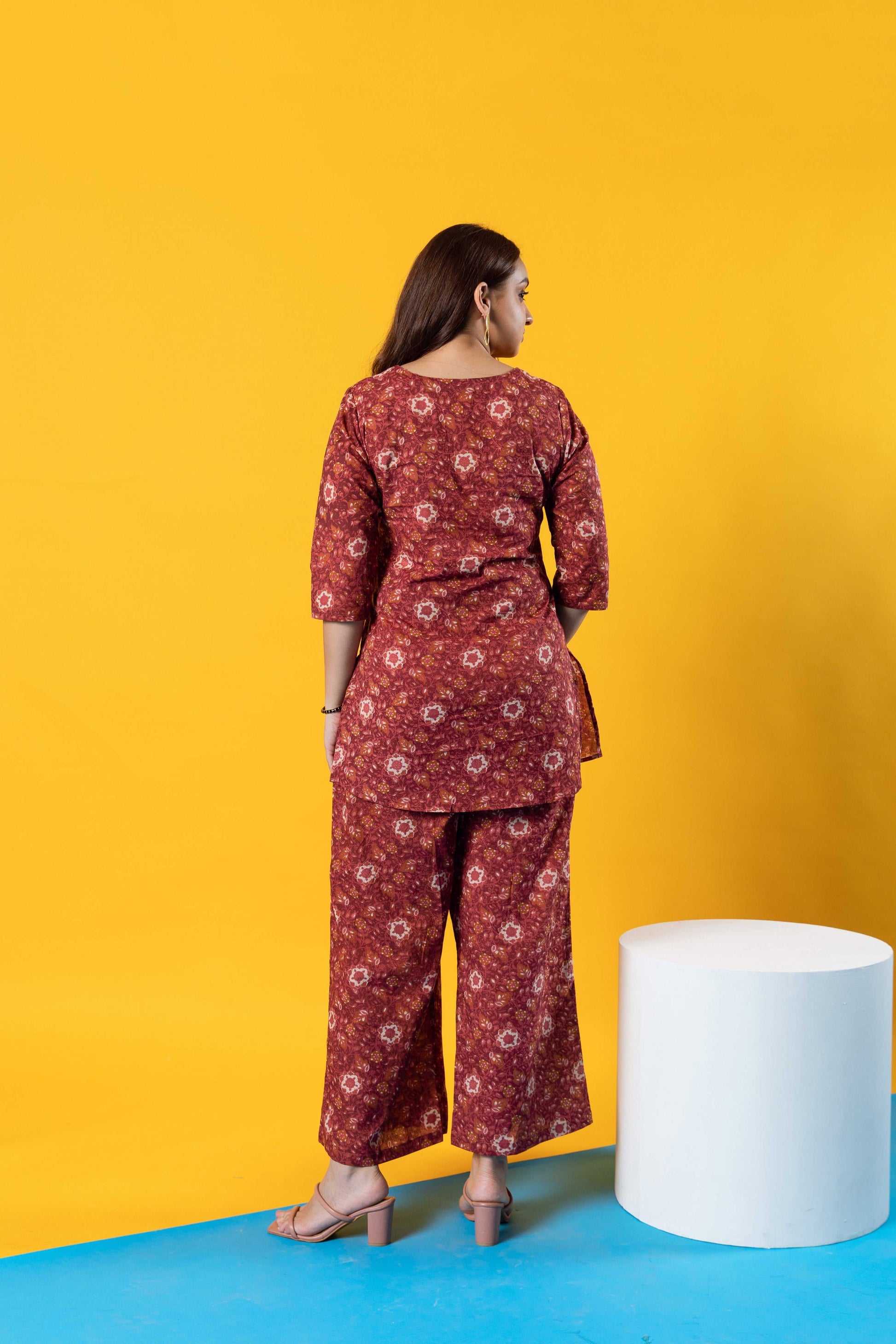 Floral Charisma in Maroon: Stylish Cotton Co-ord Set - Hukum Jaipur