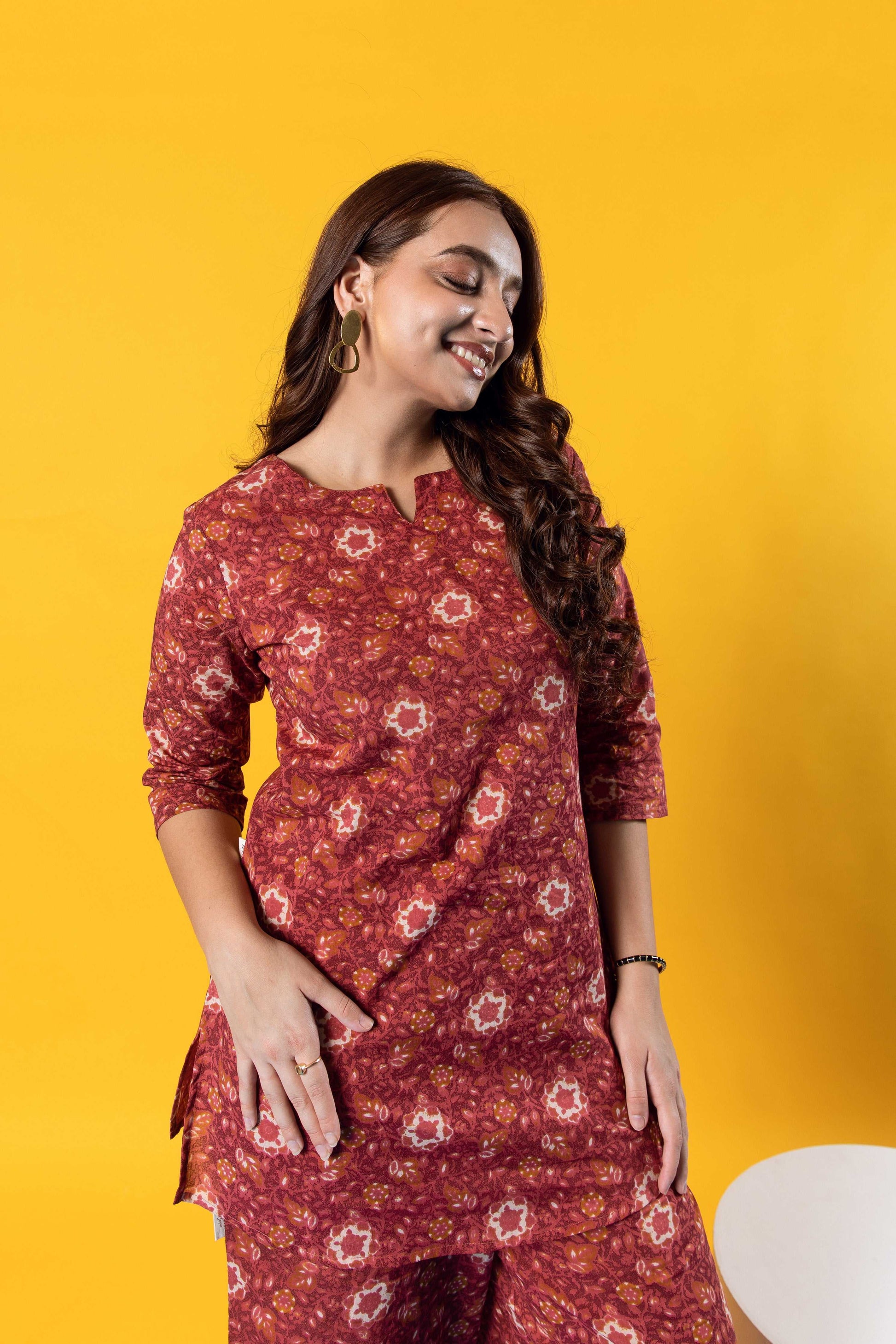 Floral Charisma in Maroon: Stylish Cotton Co-ord Set - Hukum Jaipur