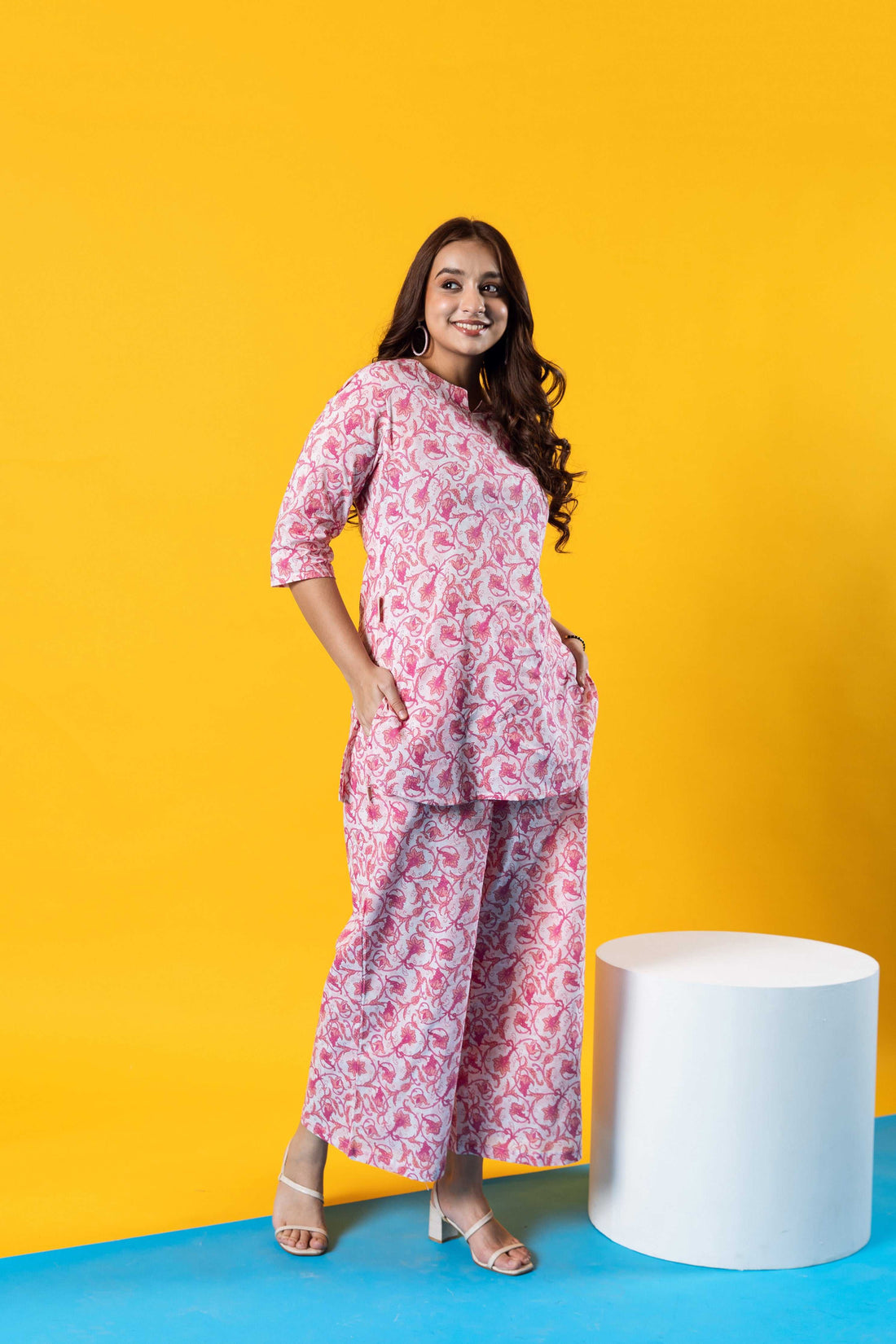 Floral Fantasia: Pink Cotton Co-ord Set in Full Bloom - Hukum Jaipur