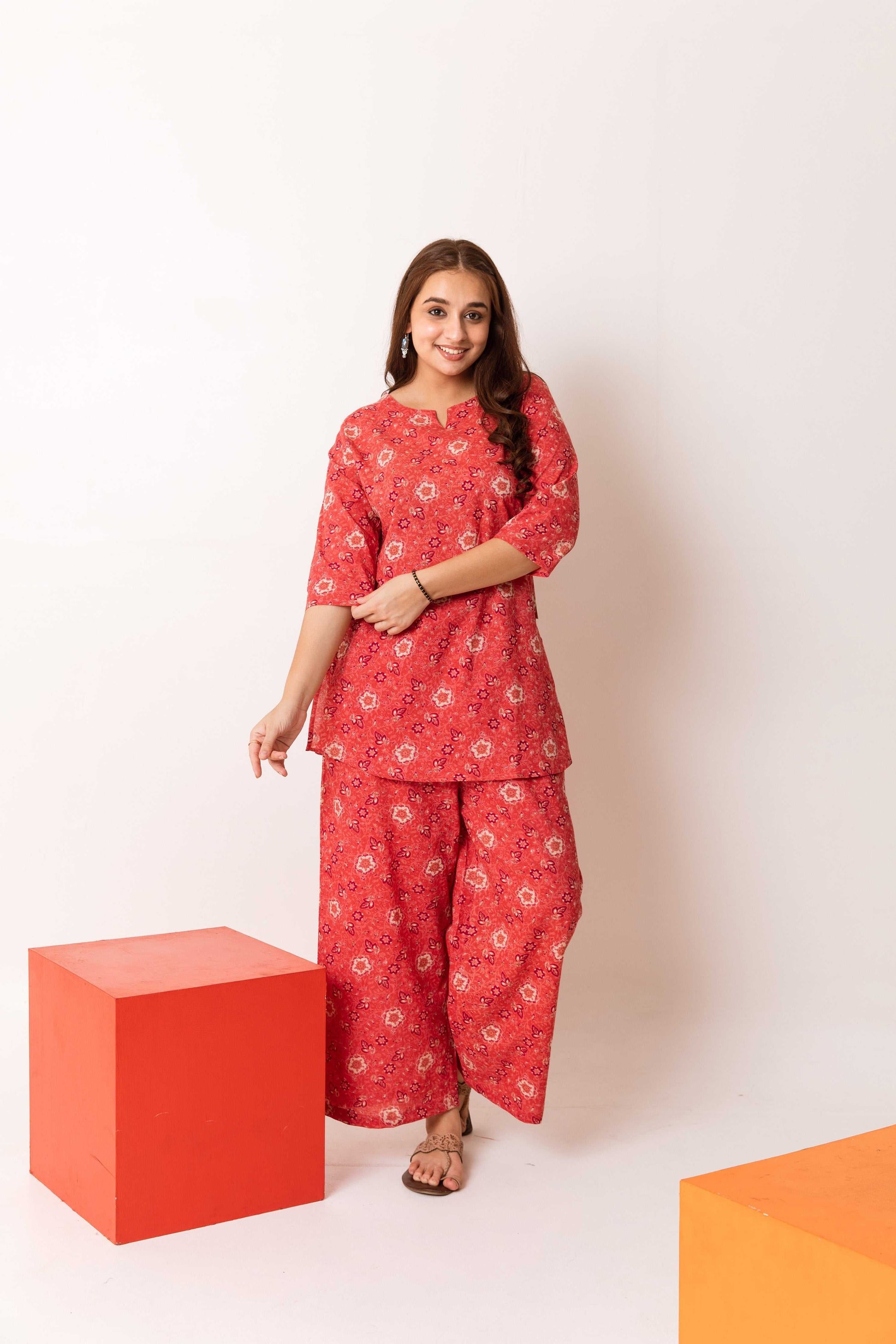 Floral Flare Fusion: Scarlet Blossom Cotton Co-ord - Hukum Jaipur