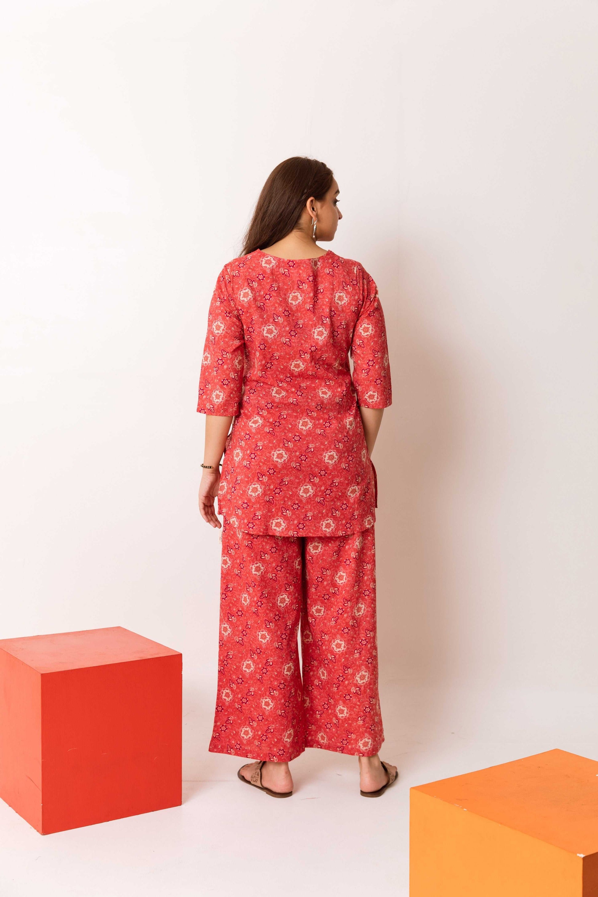 Floral Flare Fusion: Scarlet Blossom Cotton Co-ord - Hukum Jaipur