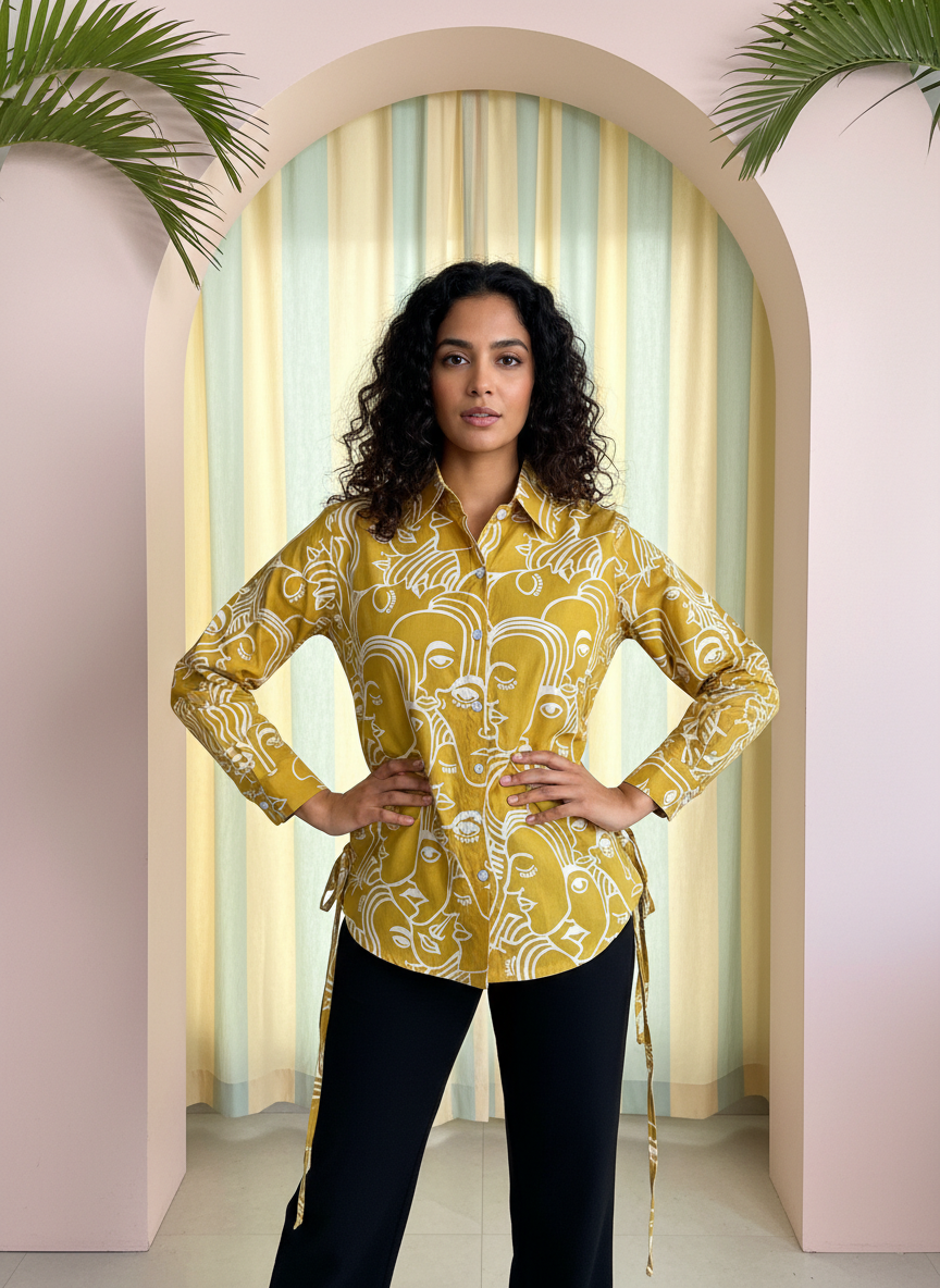 Sunshine Spirit Mustard Abstract Print Cotton Shirt | Hukum Jaipur