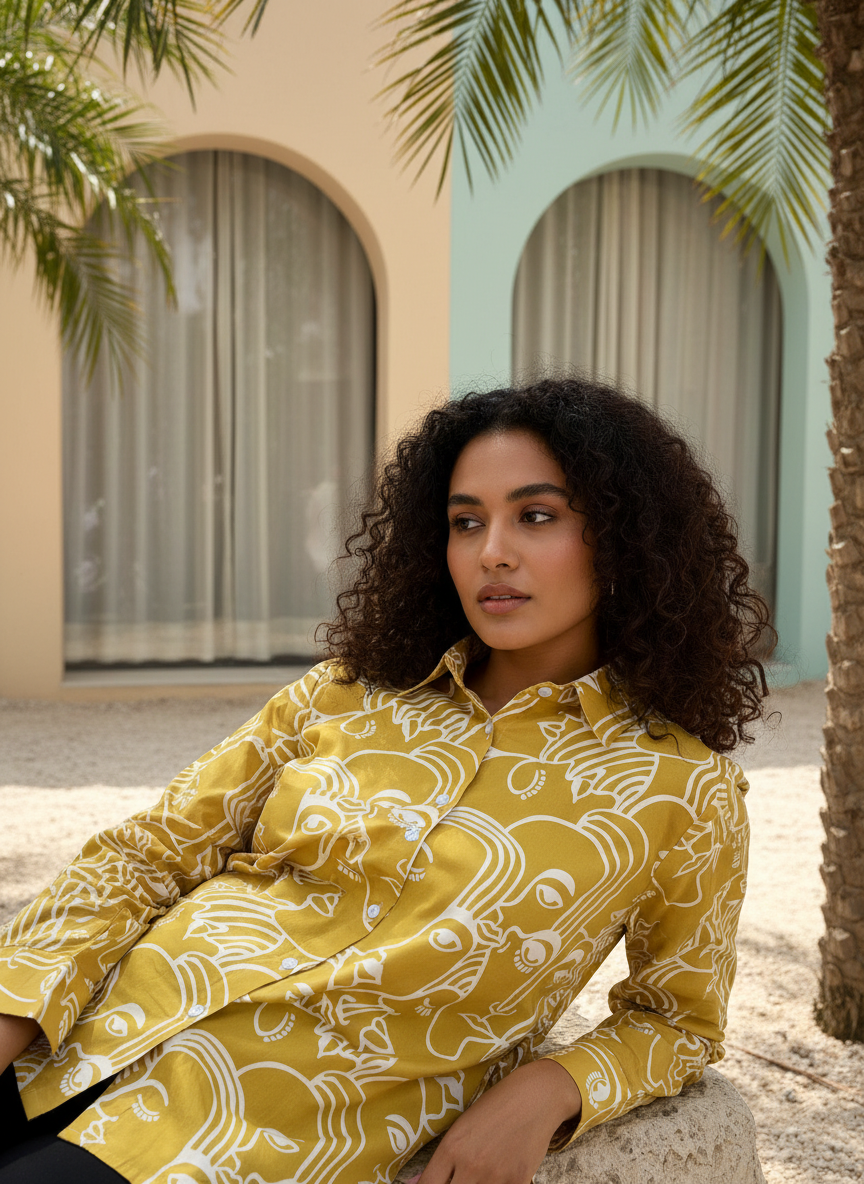 Sunshine Spirit Mustard Abstract Print Cotton Shirt | Hukum Jaipur