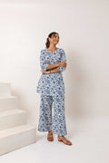 Modern Botanical Elegance: Blue Cotton Co-ord Ensemble - Hukum Jaipur