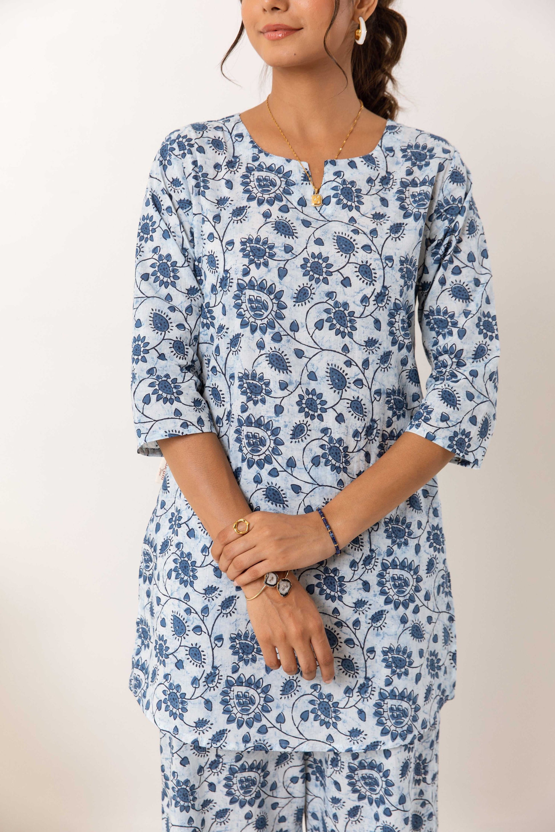 Modern Botanical Elegance: Blue Cotton Co-ord Ensemble - Hukum Jaipur