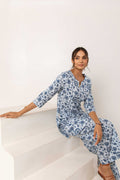 Modern Botanical Elegance: Blue Cotton Co-ord Ensemble - Hukum Jaipur