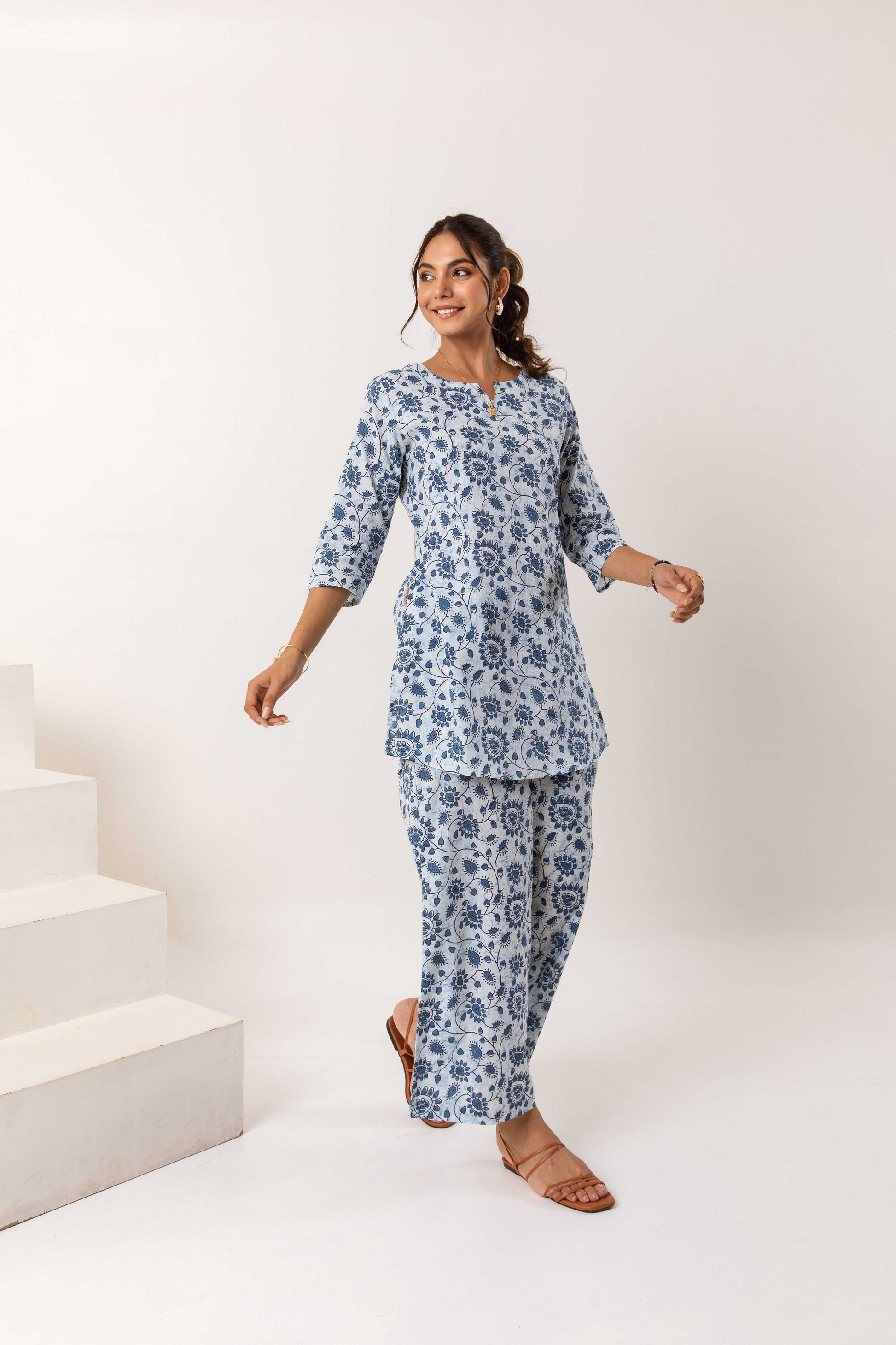 Modern Botanical Elegance: Blue Cotton Co-ord Ensemble - Hukum Jaipur