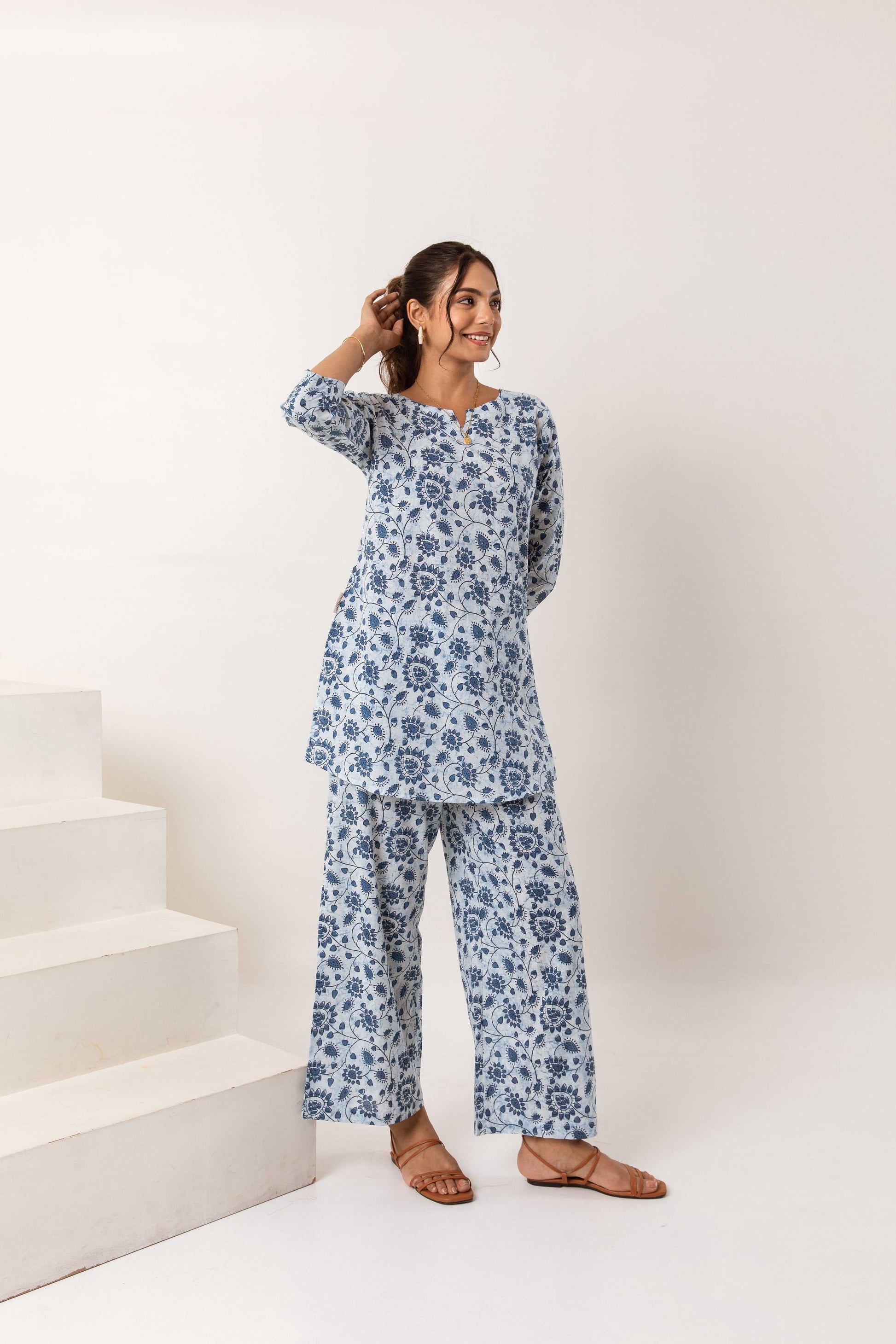 Modern Botanical Elegance: Blue Cotton Co-ord Ensemble - Hukum Jaipur