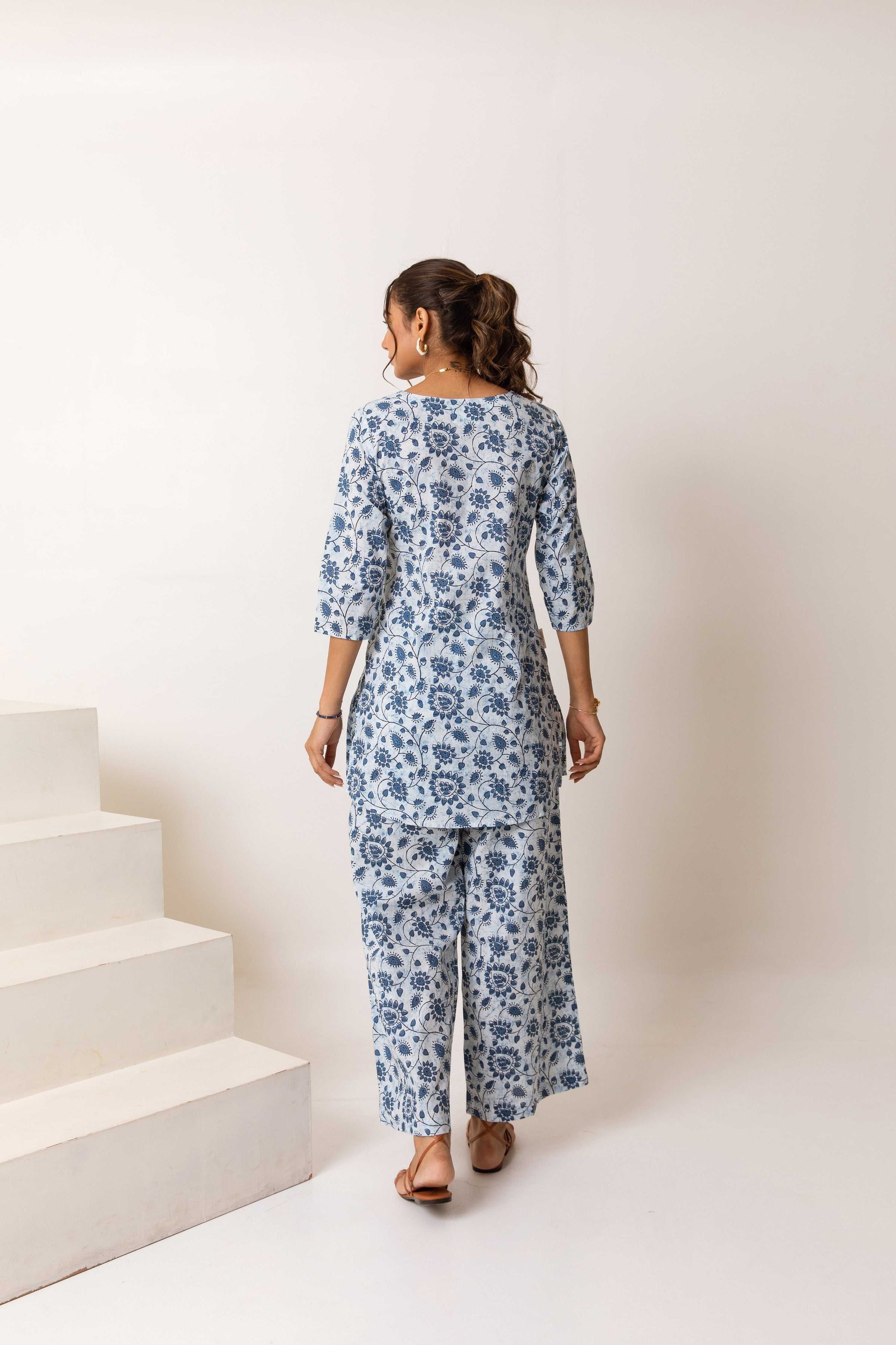 Modern Botanical Elegance: Blue Cotton Co-ord Ensemble - Hukum Jaipur